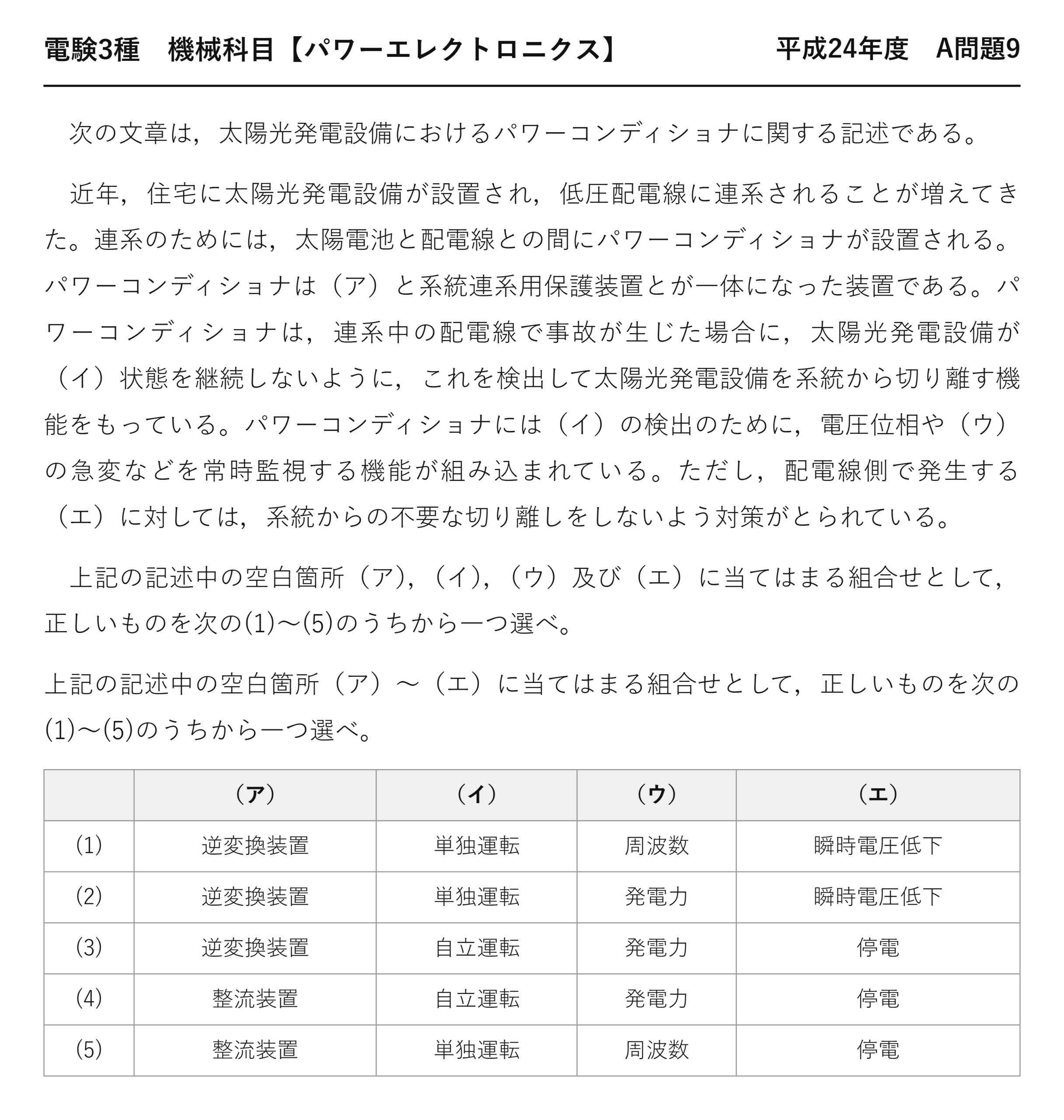 電験3種 機械科目 パワーエレクトロニクス 平成24年度 A問題9 問題文
