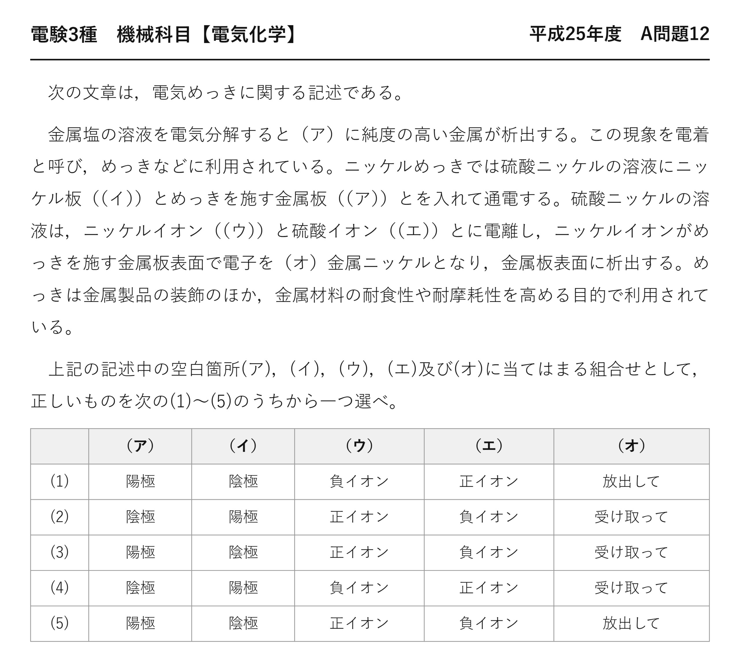 電験3種 機械科目 電気化学 平成25年度 A問題12 問題文