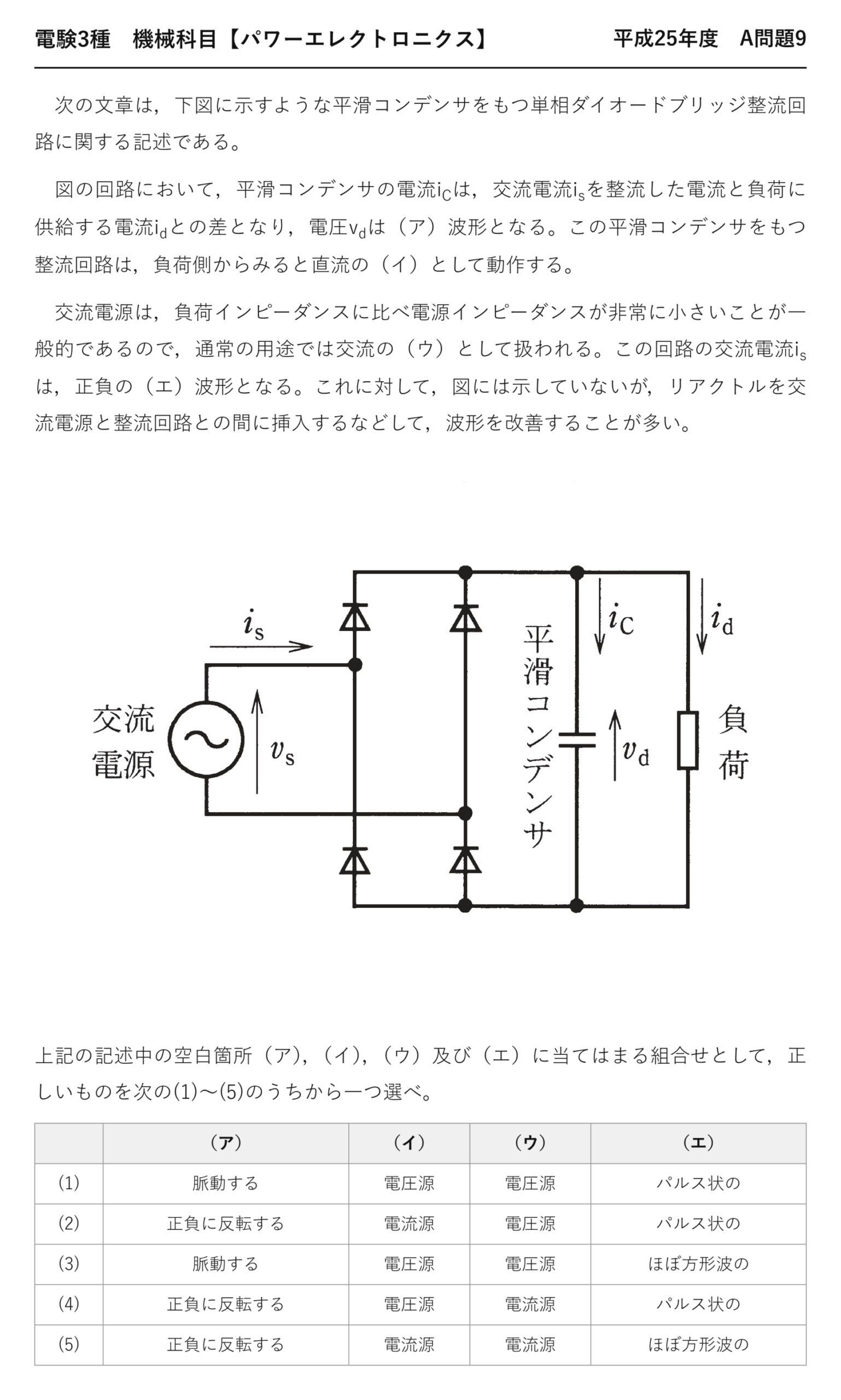 電験3種 機械科目 パワーエレクトロニクス 平成25年度 A問題9 問題文