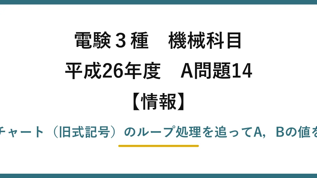 電験3種 機械科目【情報】平成26年度 A問題14 フローチャート（旧式記号）のループ処理を追ってA，Bの値を求める
