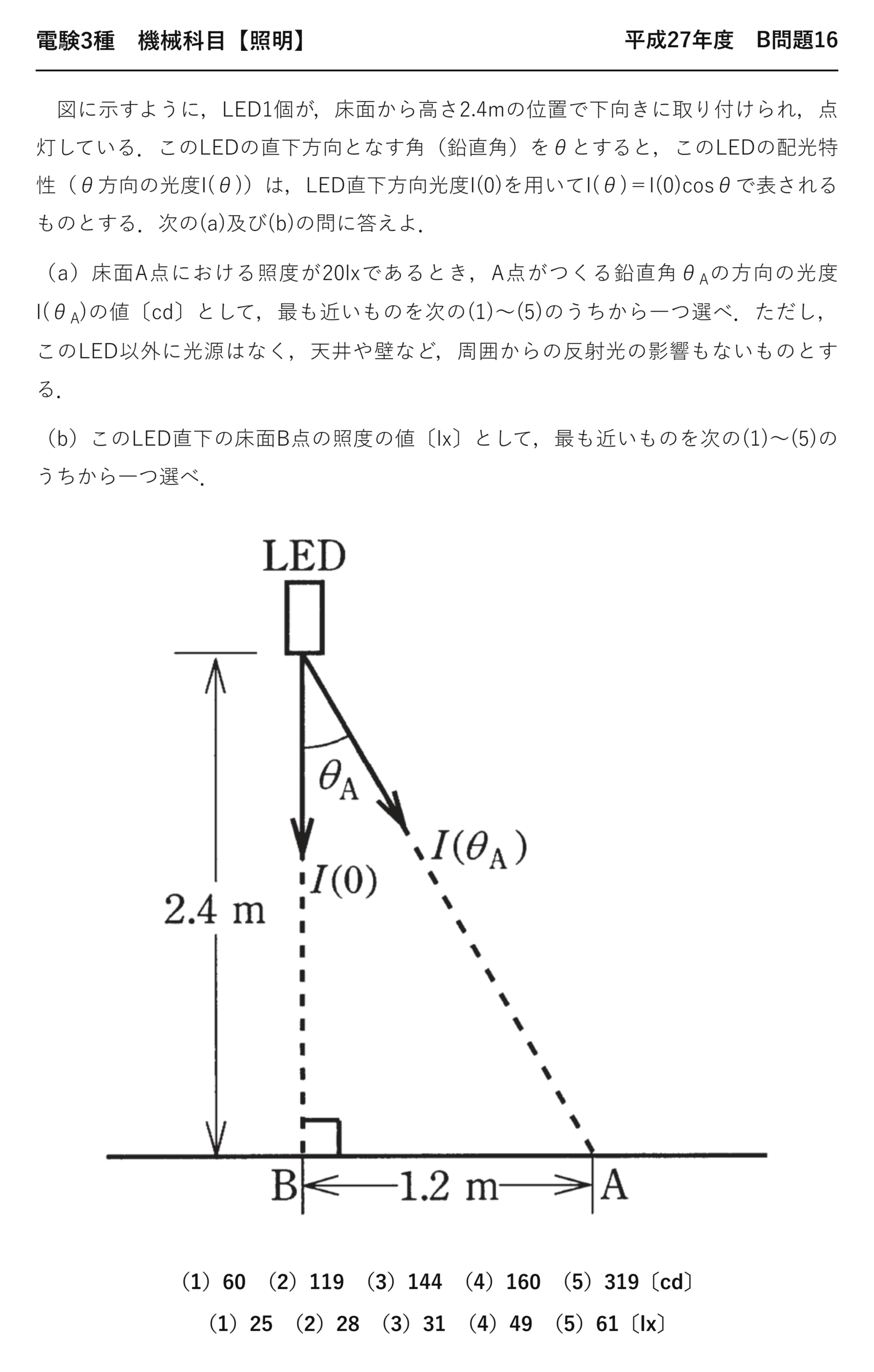 電験3種 機械科目 照明 平成27年度 B問題16 問題文