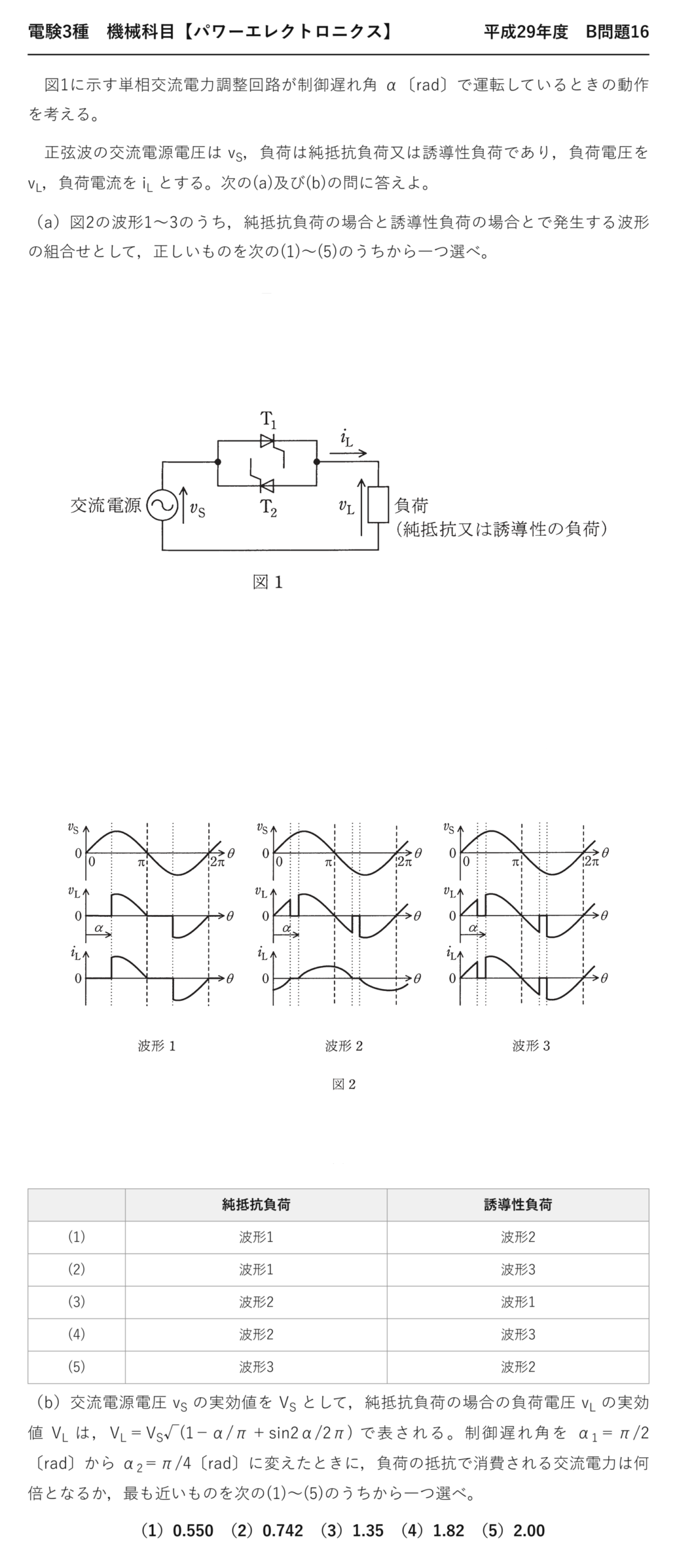 電験3種 機械科目 パワーエレクトロニクス 平成29年度 B問題16 問題文