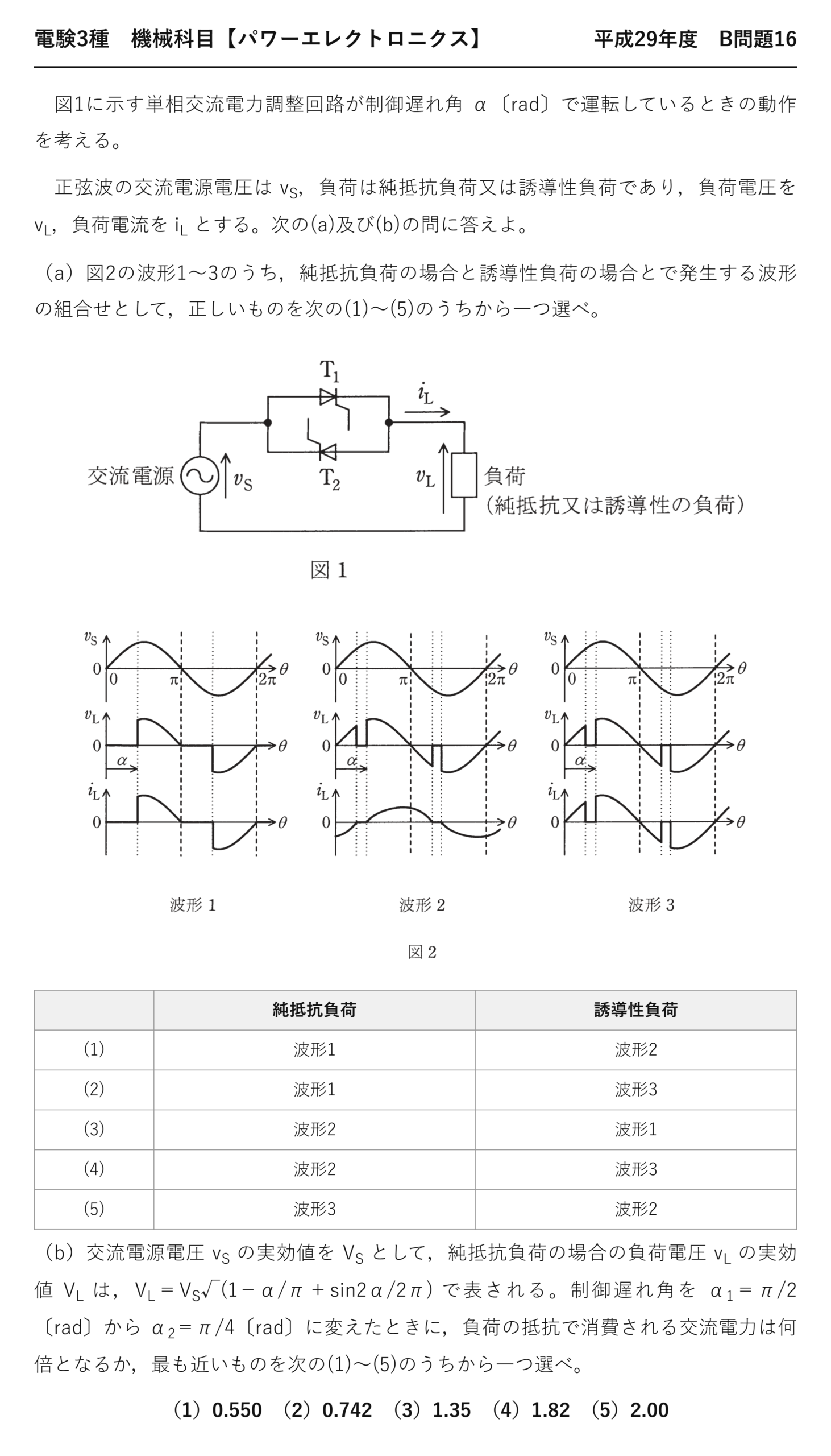 電験3種 機械科目 パワーエレクトロニクス 平成29年度 B問題16 問題文