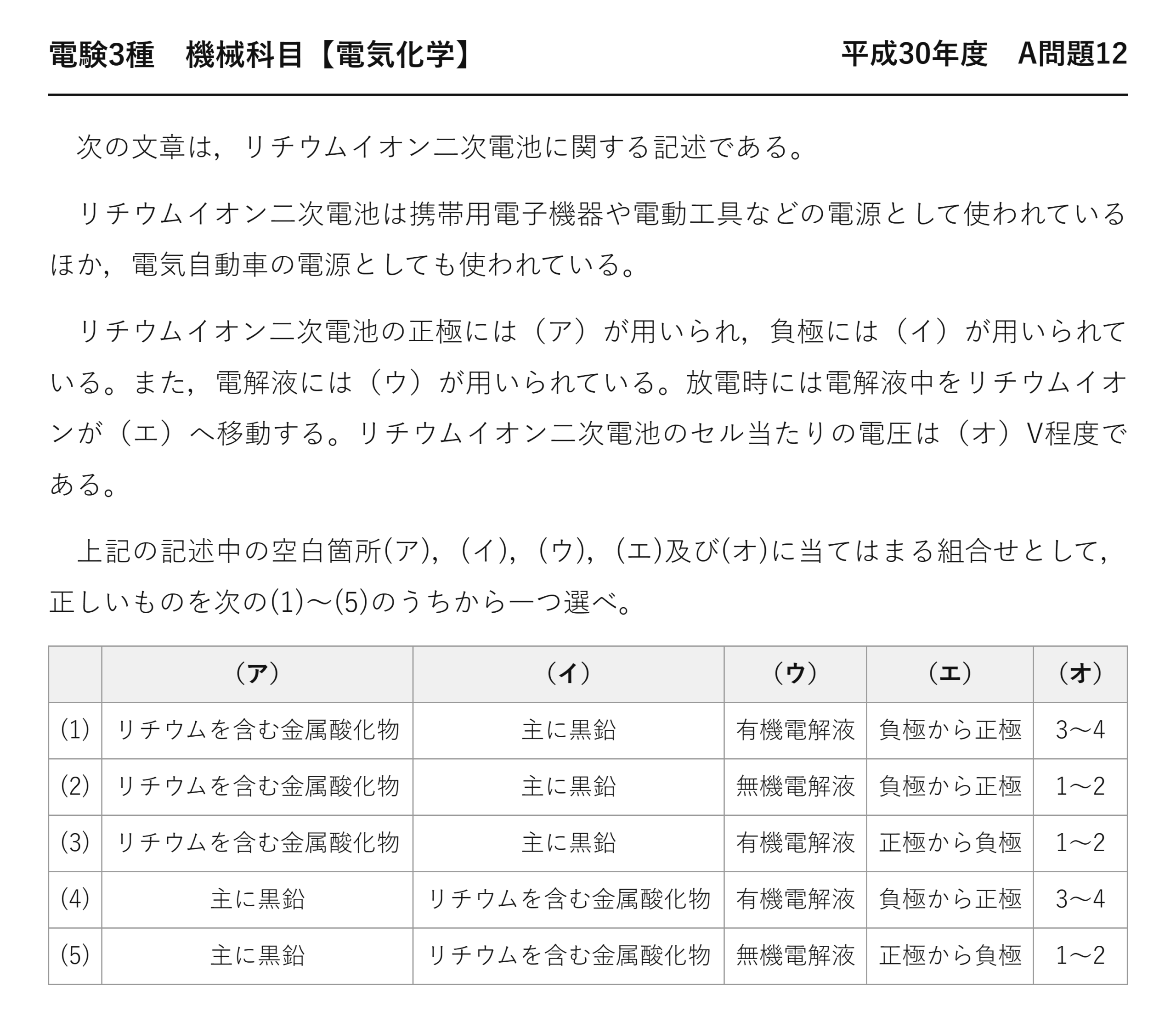 電験3種 機械科目 電気化学 平成30年度 A問題12 問題文