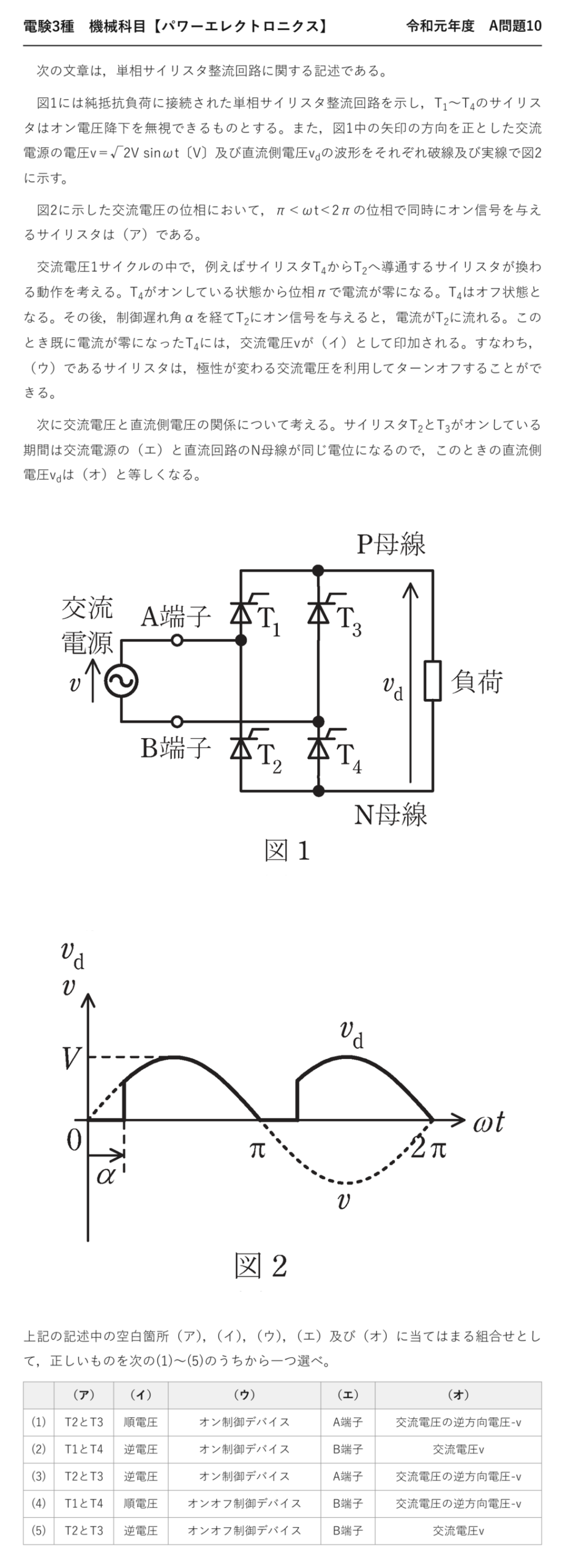 電験3種 機械科目 パワーエレクトロニクス 令和元年度 A問題10 問題文