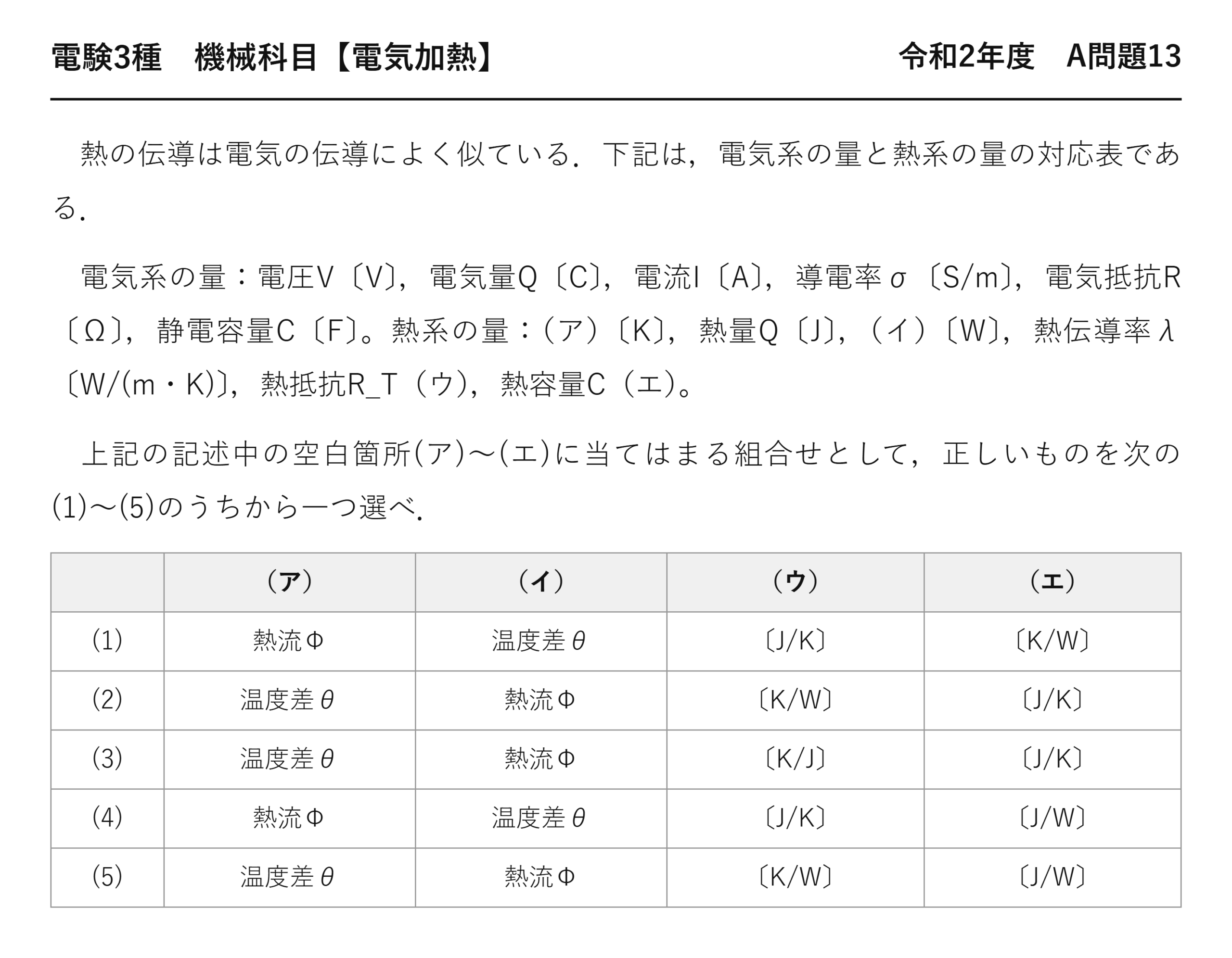 電験3種 機械科目 電気加熱 令和2年度 A問題13 問題文