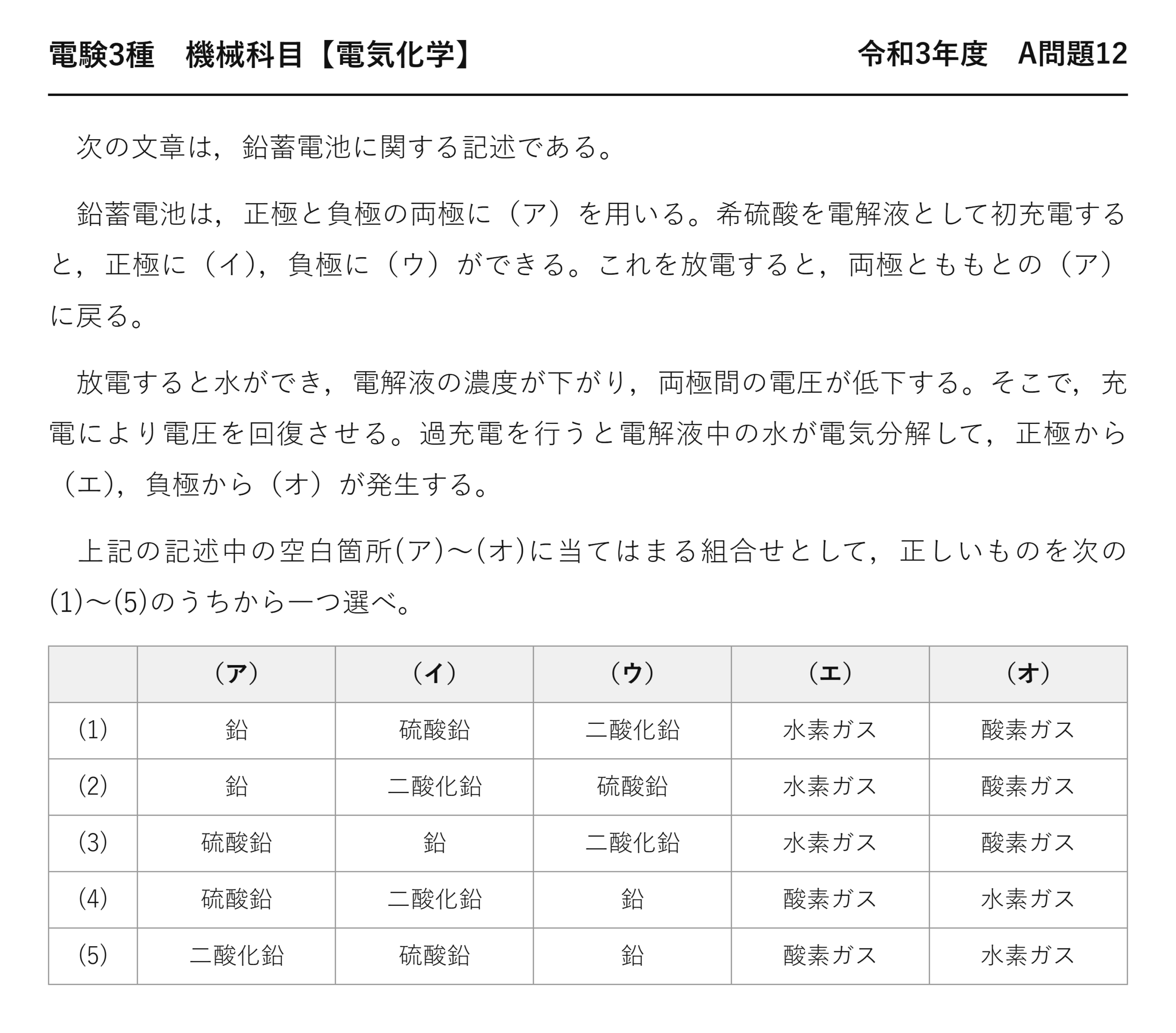 電験3種 機械科目 電気化学 令和3年度 A問題12 問題文
