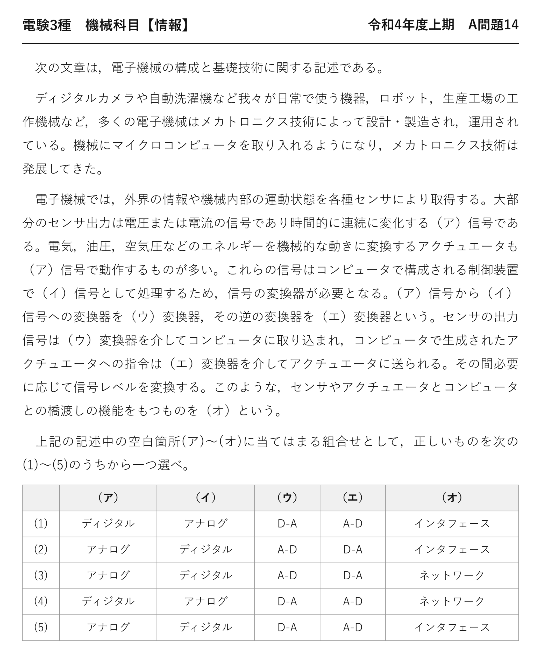 電験3種 機械科目 情報 令和4年度上期 A問題14 問題文