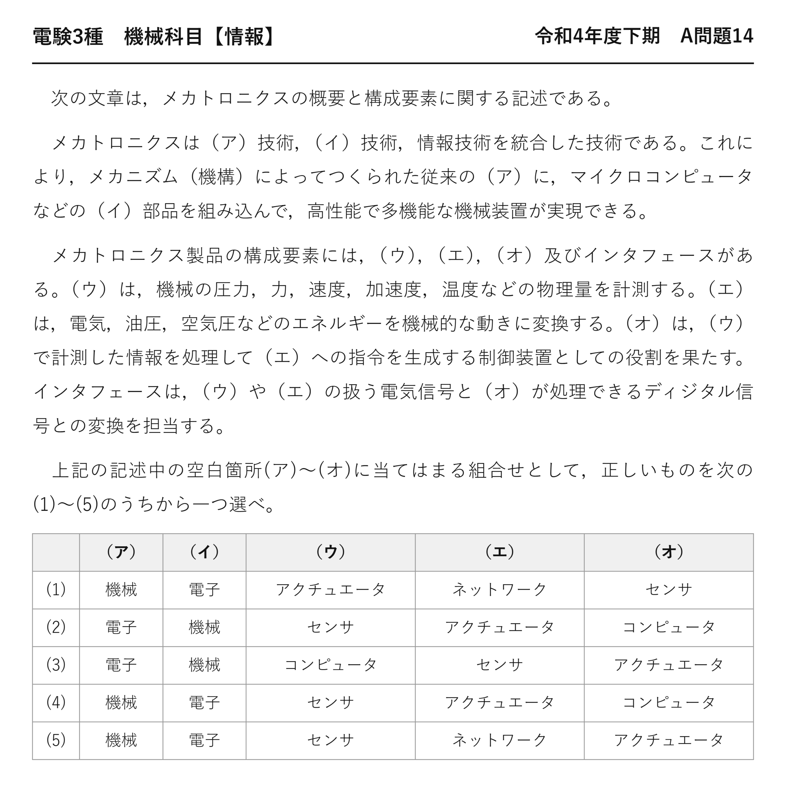 電験3種 機械科目 情報 令和4年度下期 A問題14 問題文