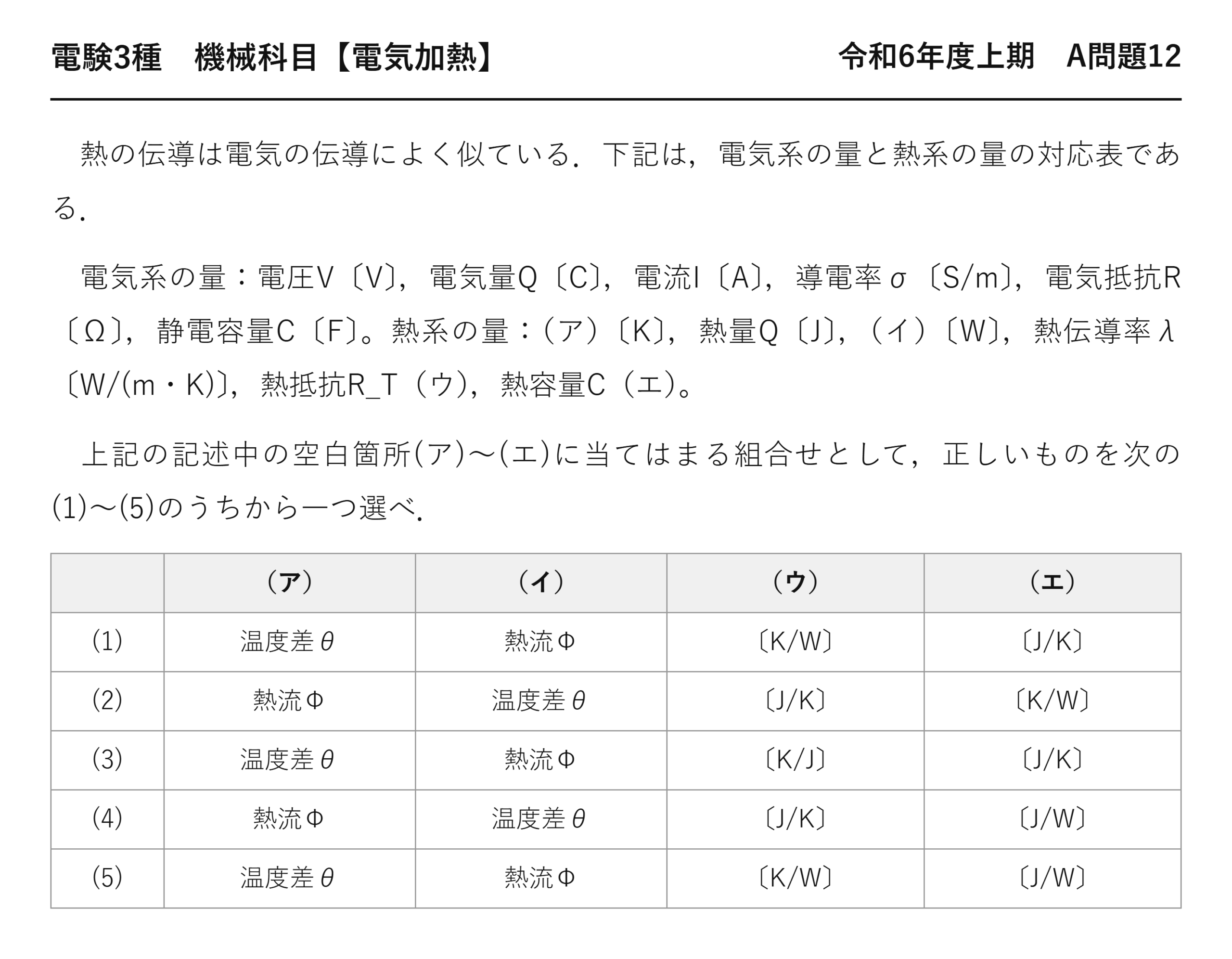 電験3種 機械科目 電気加熱 令和6年度上期 A問題12 問題文