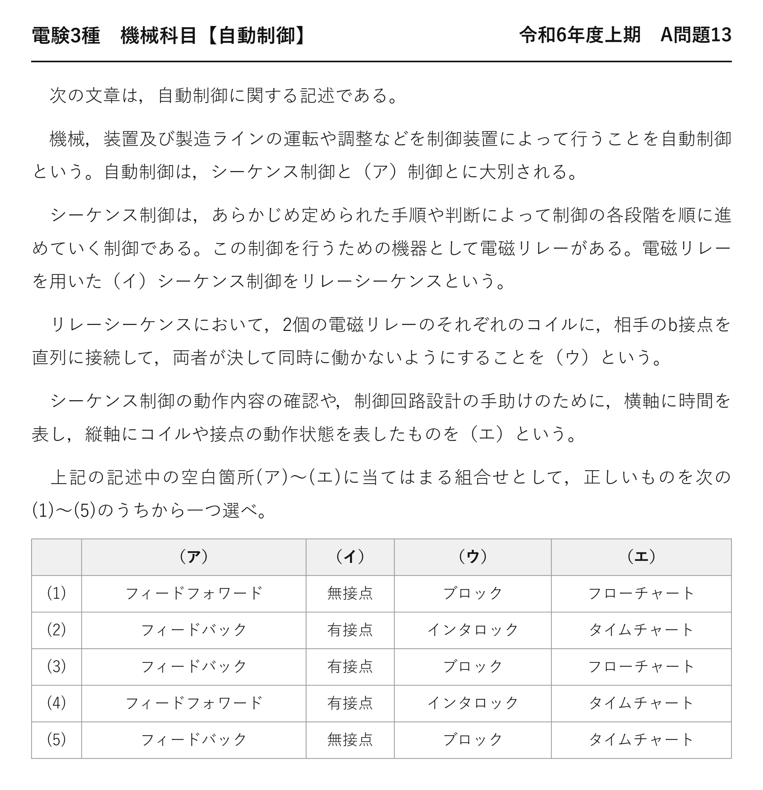 電験3種 機械科目 自動制御 令和6年度上期 A問題13 問題文