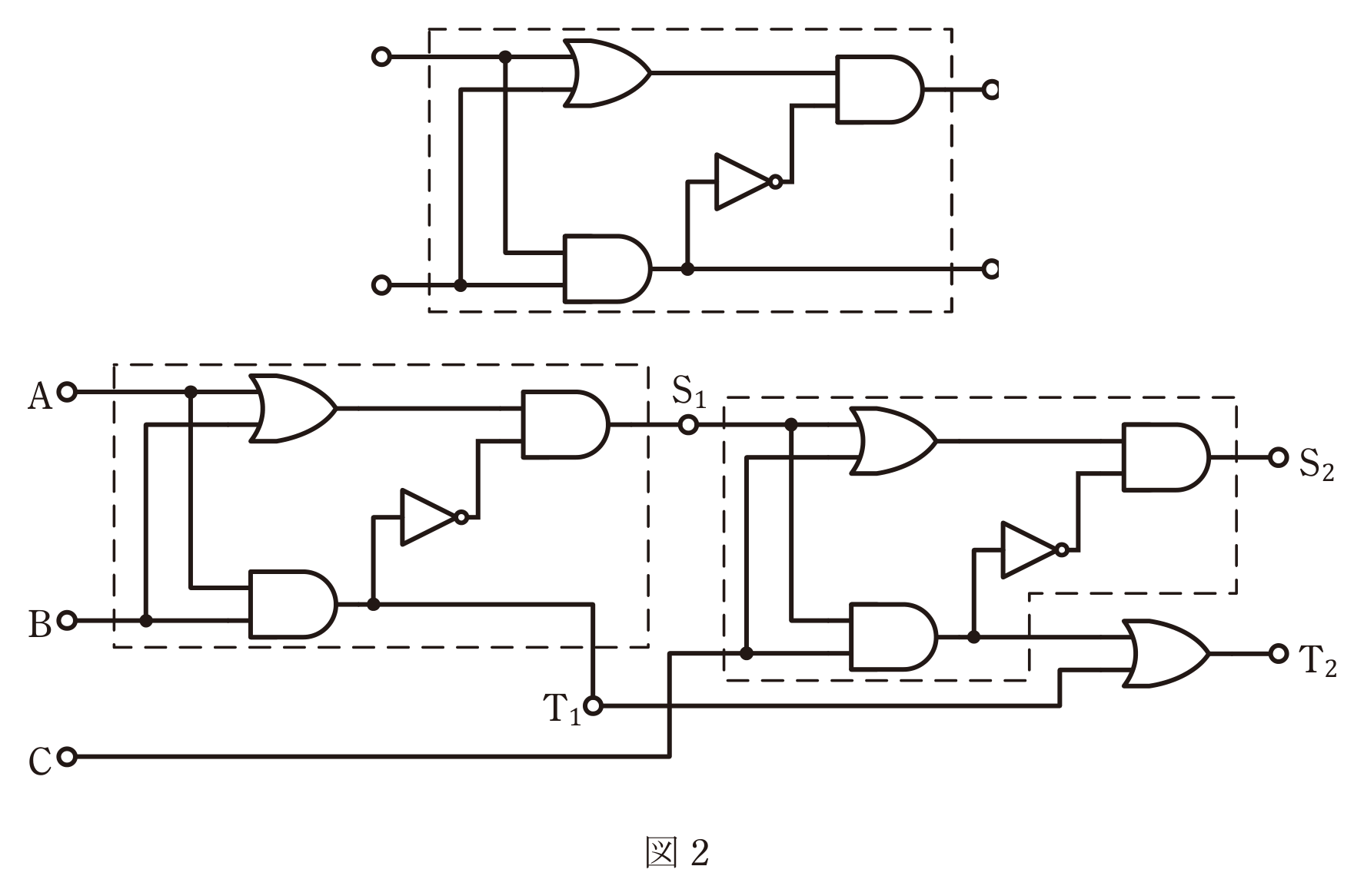 図1　OR・AND・NOTで構成した論理回路と図2　図1を2組接続した回路（問題図）