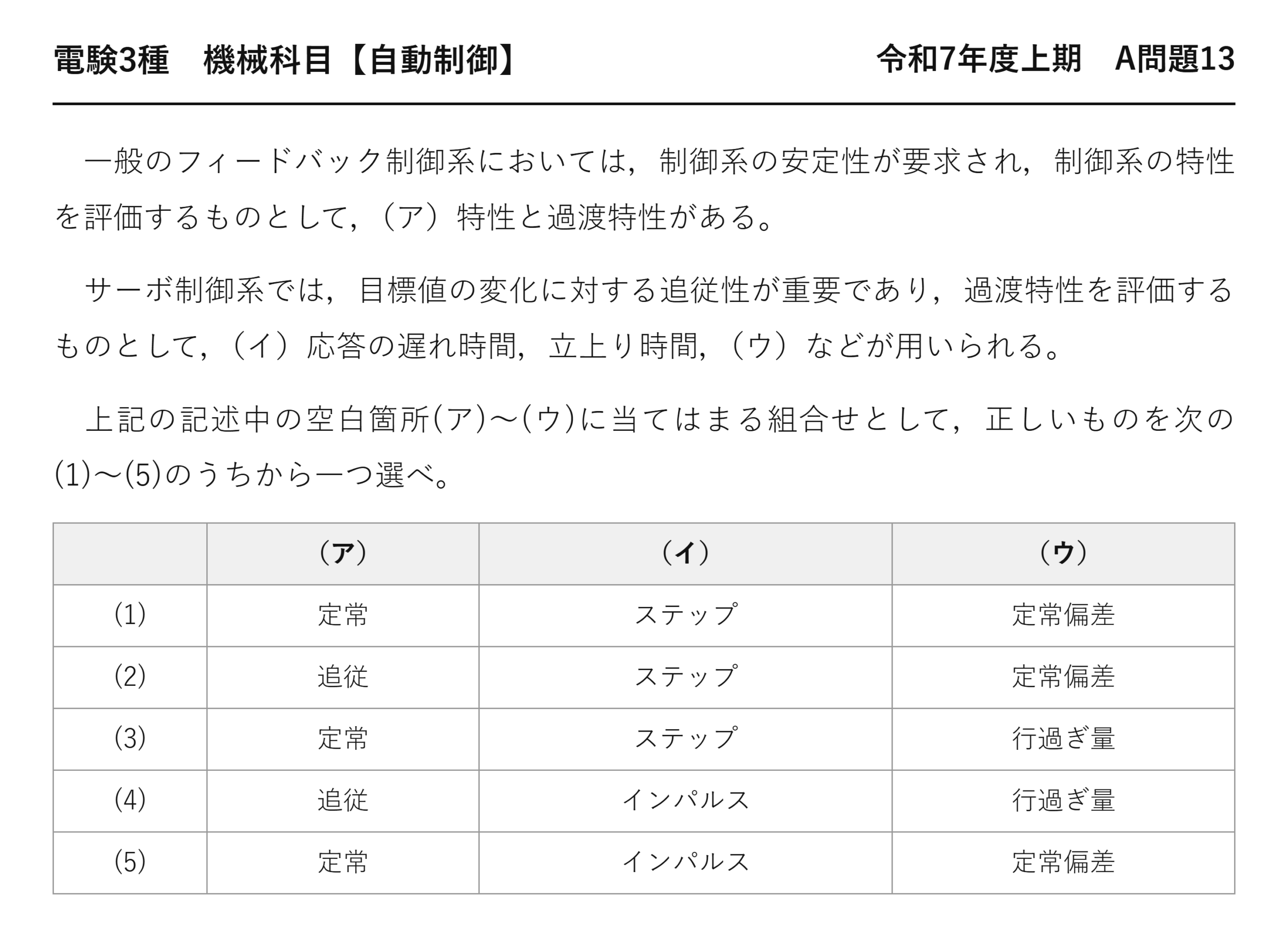 電験3種 機械科目 自動制御 令和7年度上期 A問題13 問題文