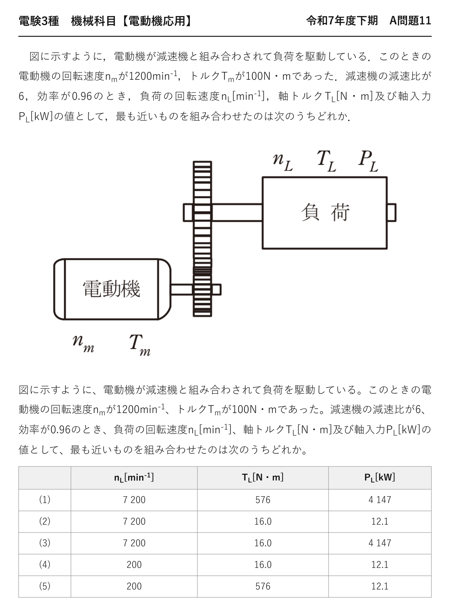 電験3種 機械科目 電動機応用 令和7年度下期 A問題11 問題文