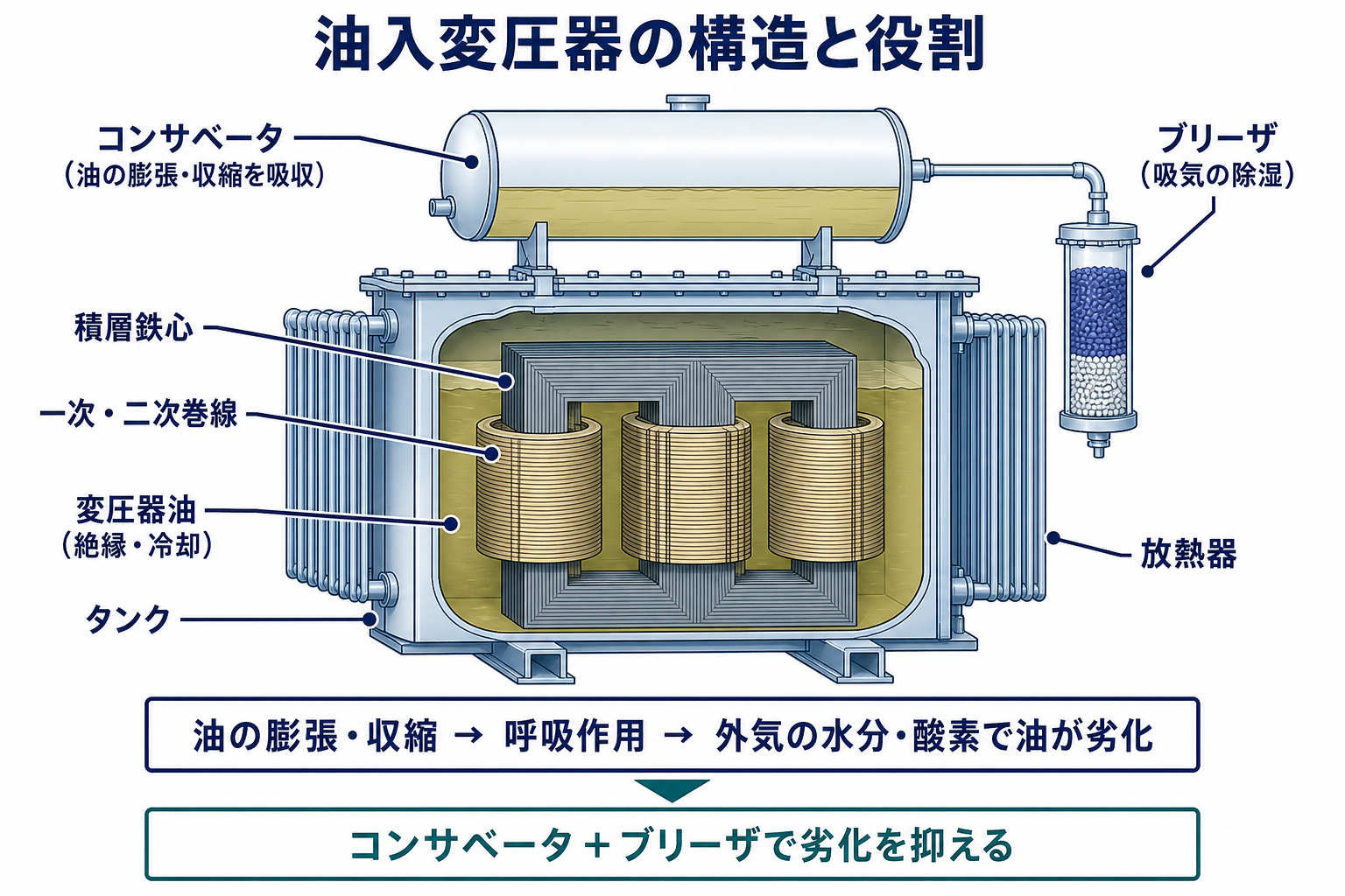 油入変圧器の積層鉄心、一次二次巻線、変圧器油、タンク、放熱器、コンサベータ、ブリーザの位置と役割を示す構造図
