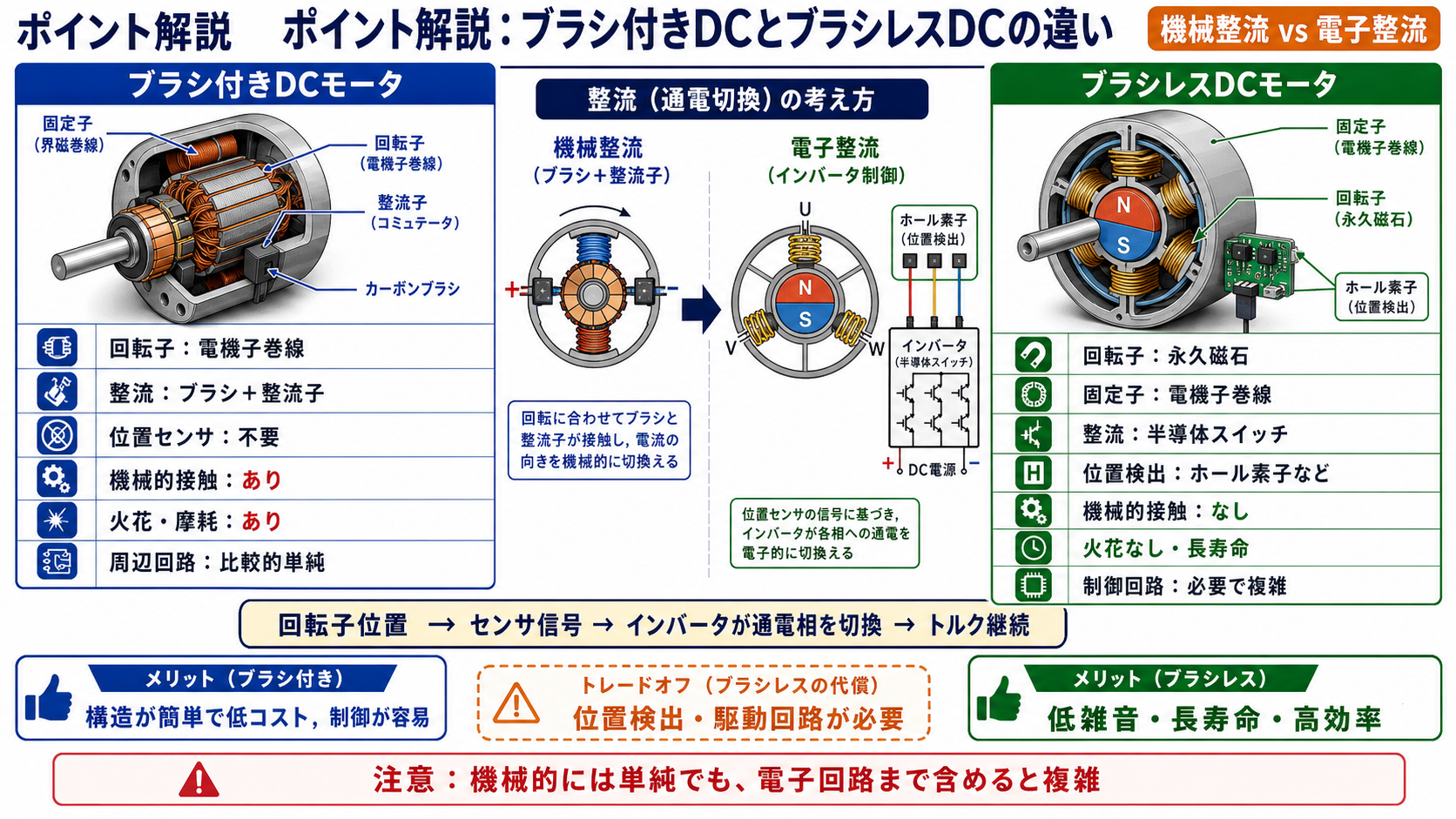 ブラシ付きDCモータとブラシレスDCモータの構造と整流方式の比較