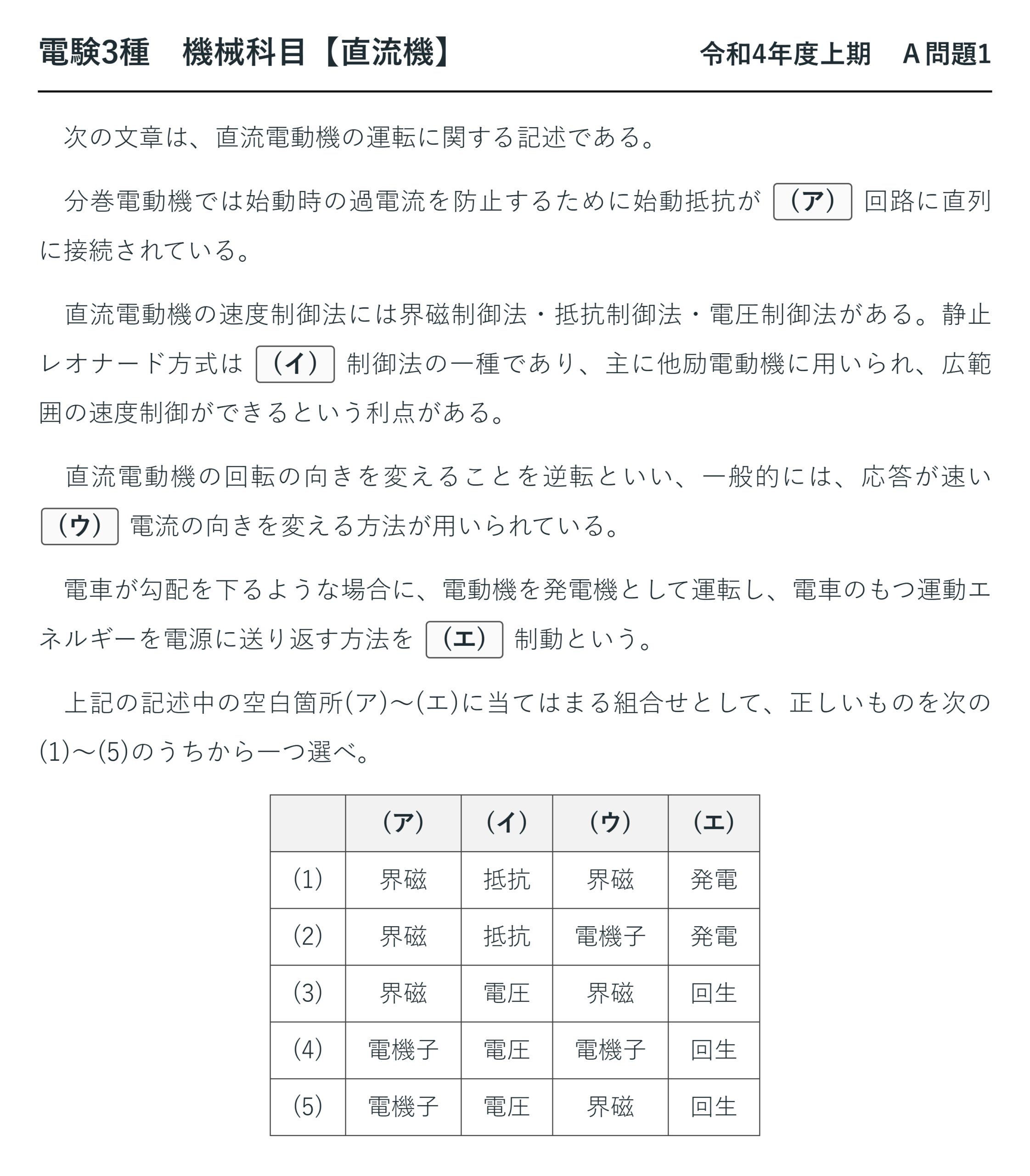 直流機29【電験3種 機械】直流電動機の運転と回生制動とは？令和4年度上期 A問題1 完全解説 問題文