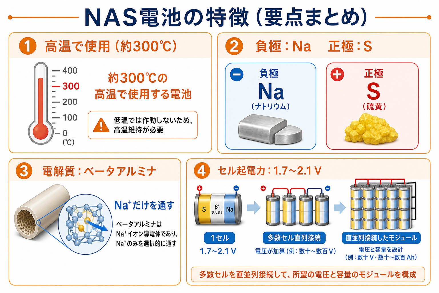 NAS電池の動作温度、極性、電解質、セル起電力をまとめた図