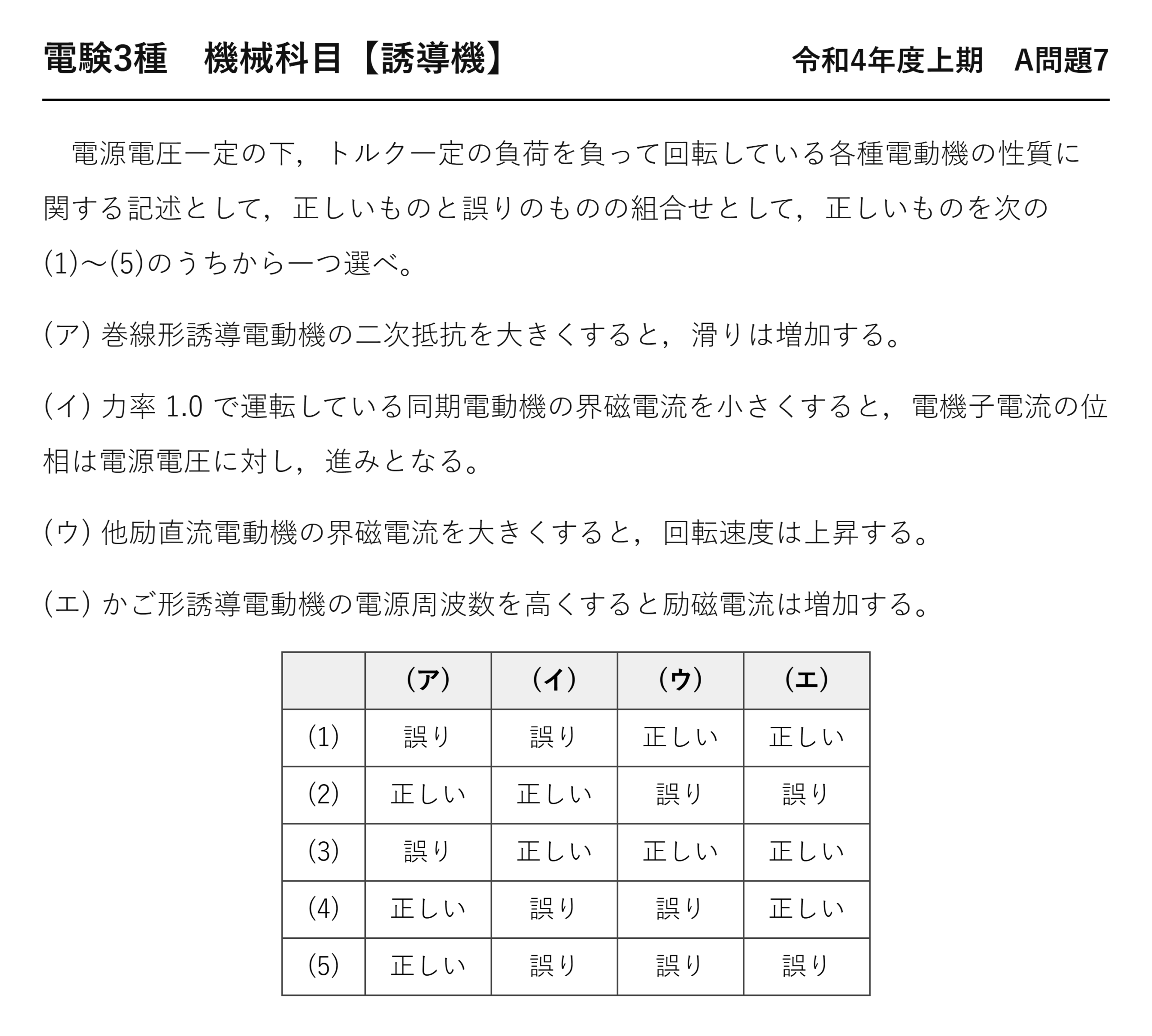 電験3種 機械科目 令和4年度上期 A問題7 問題文（各種電動機の性質の正誤判定）
