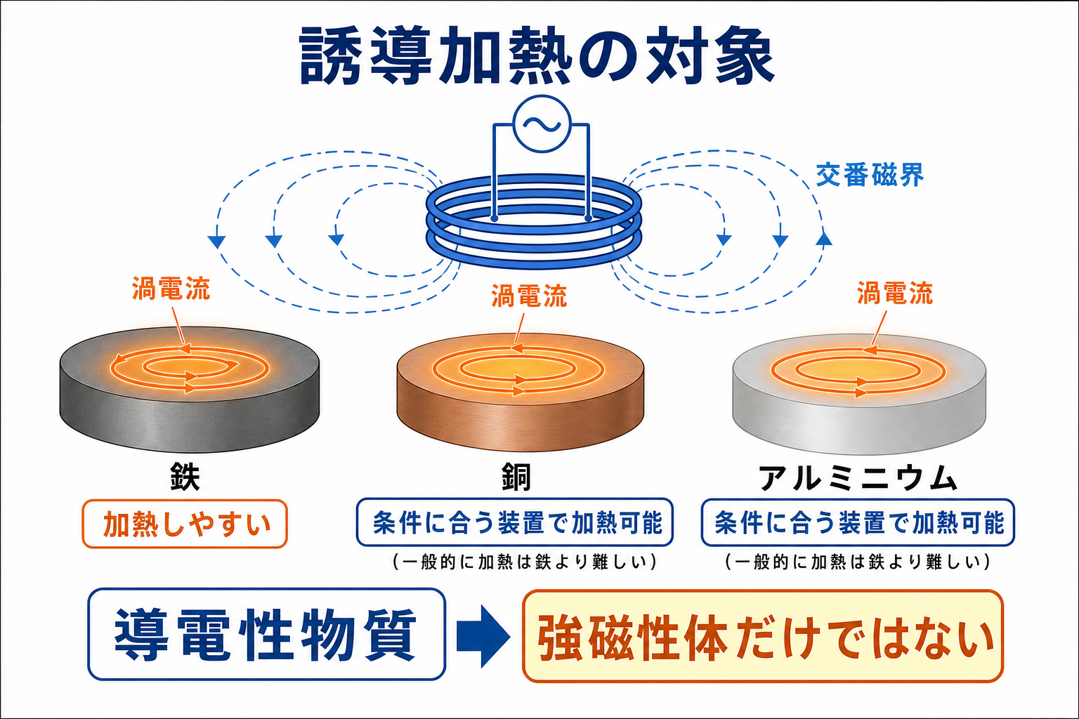 鉄、銅、アルミニウムに渦電流が生じ、誘導加熱の対象が強磁性体だけではないことを示す図
