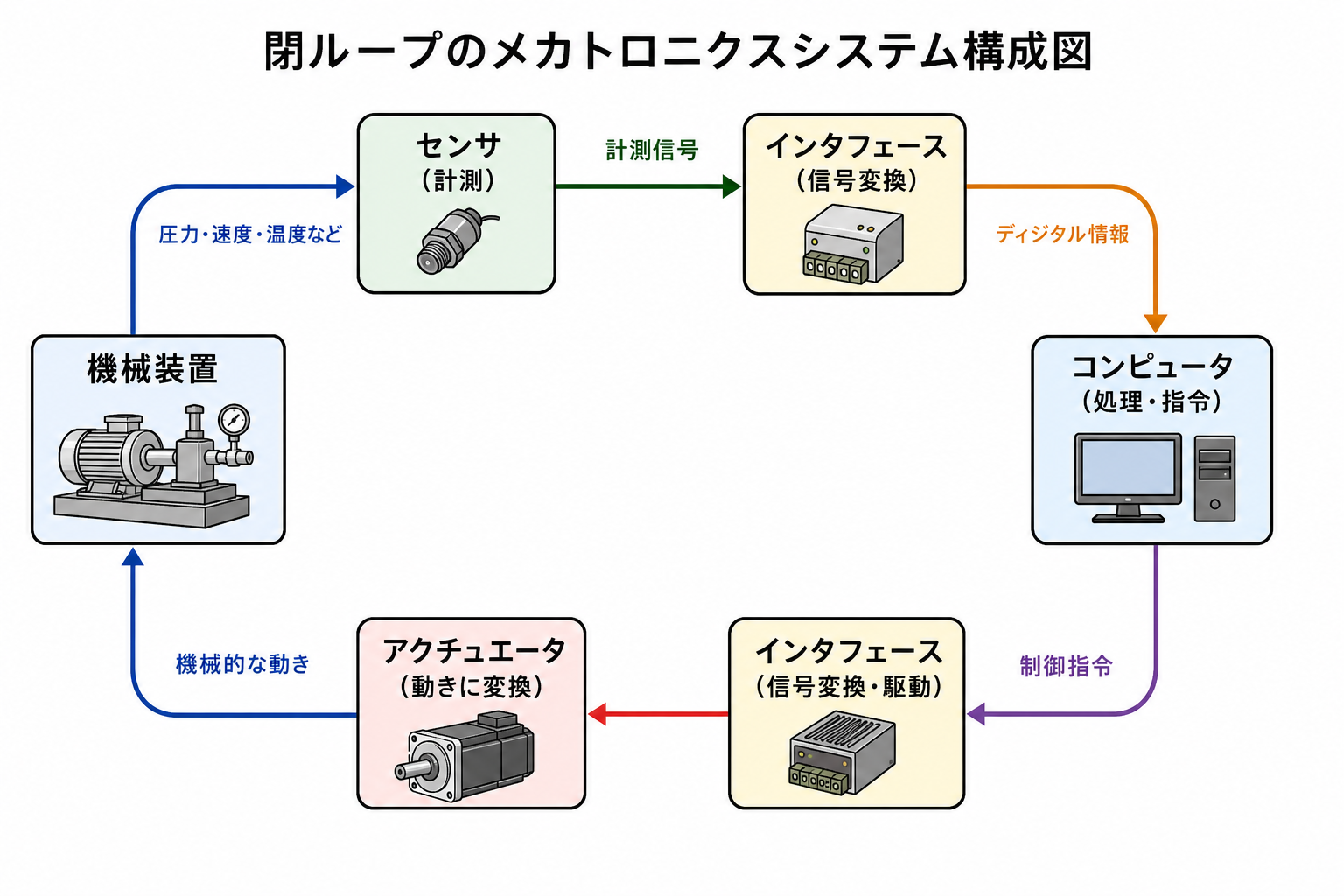 センサ、インタフェース、コンピュータ、アクチュエータからなるメカトロニクス閉ループ図