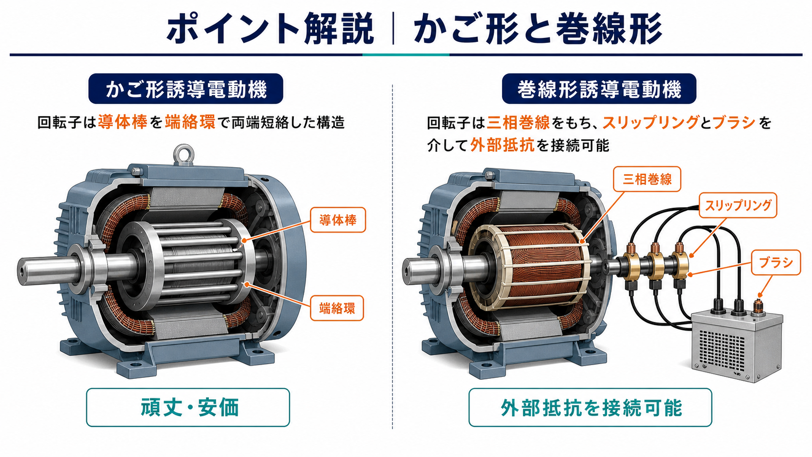 かご形誘導電動機の導体棒と端絡環および巻線形誘導電動機の三相巻線とスリップリングの比較図