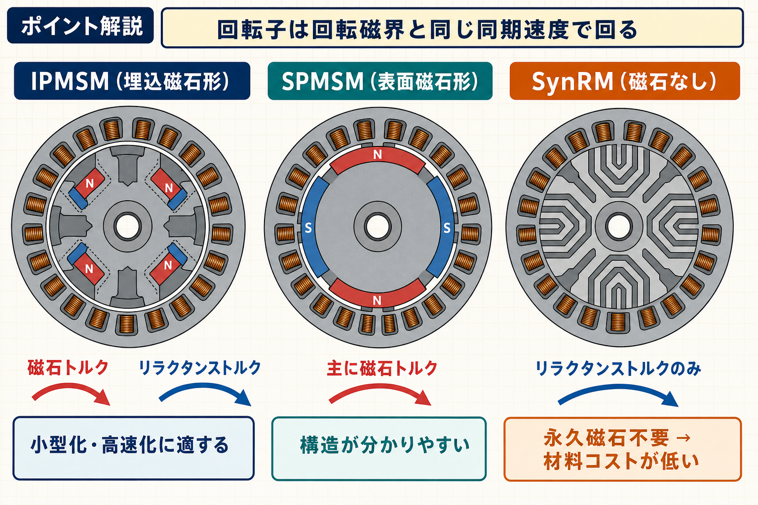 IPMSM、SPMSM、同期リラクタンスモータの回転子構造とトルクを比較する図