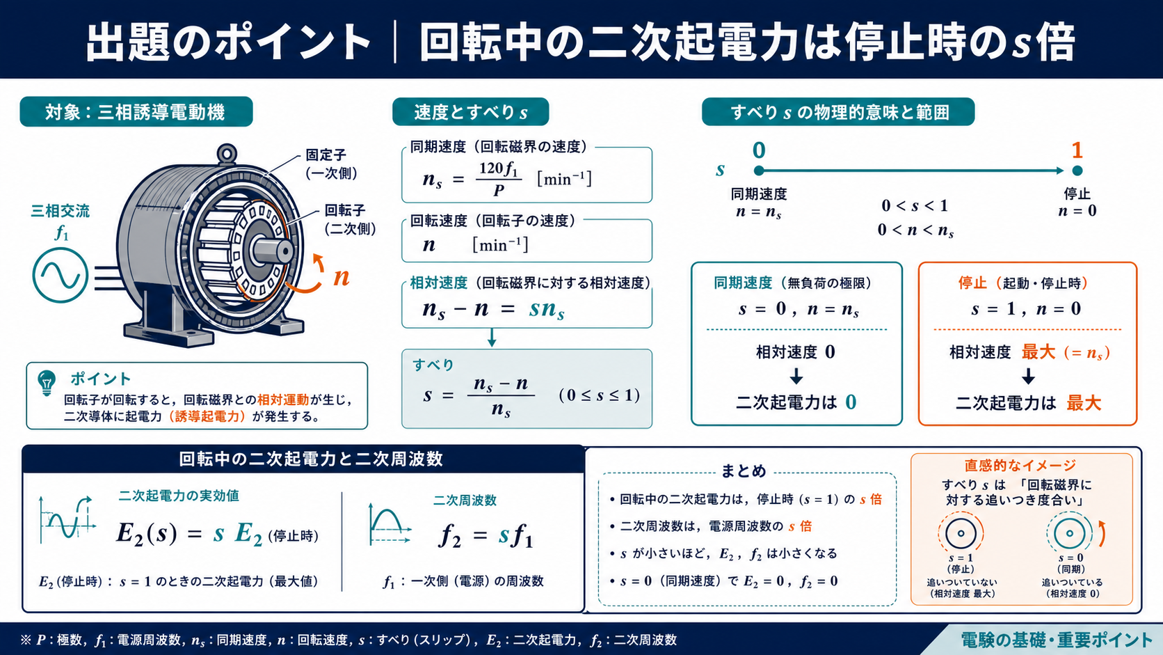 誘導電動機の滑りと回転中の二次起電力および二次周波数がs倍になる関係