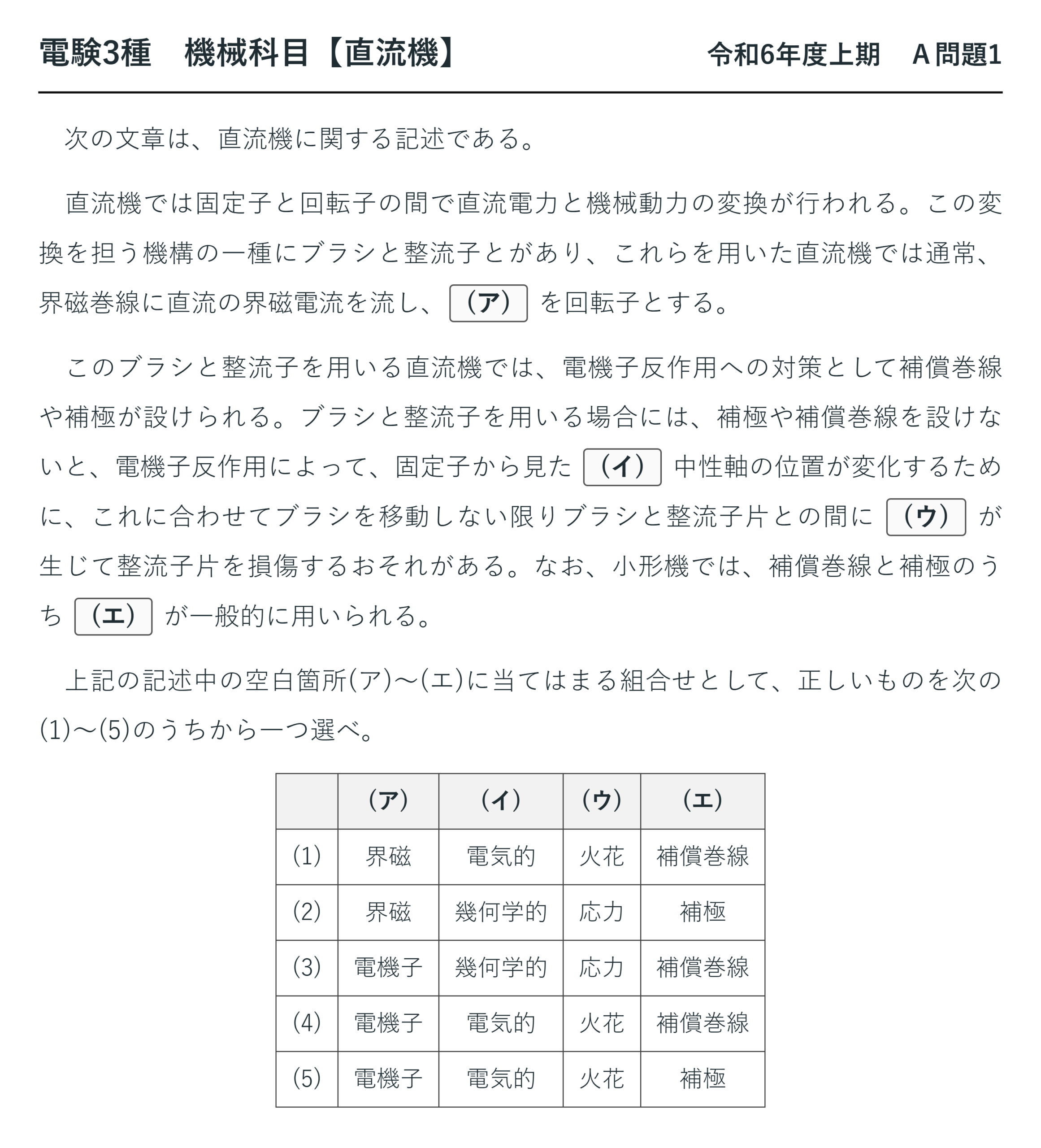 直流機36【電験3種 機械】補極と補償巻線とは？令和6年度上期 A問題1 完全解説 問題文