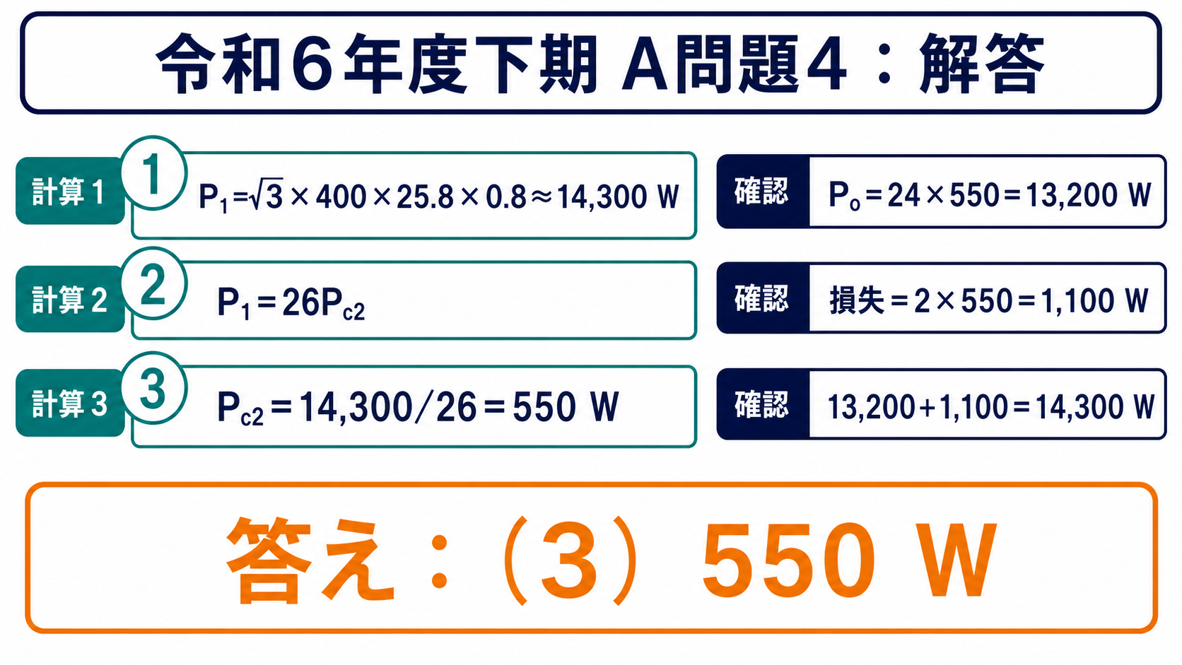 三相入力約14300ワットを26で割り二次銅損550ワットと求める解答図