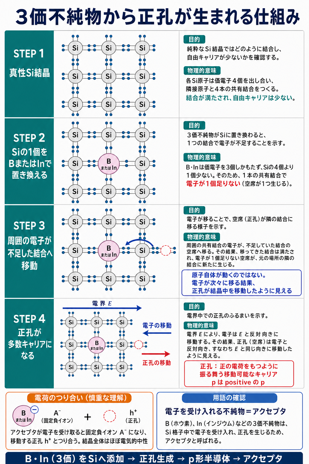 真性シリコン結晶へ3価不純物を置換し、周囲の電子移動、正孔の移動、固定負イオンと電気的中性までを段階的に示す解説