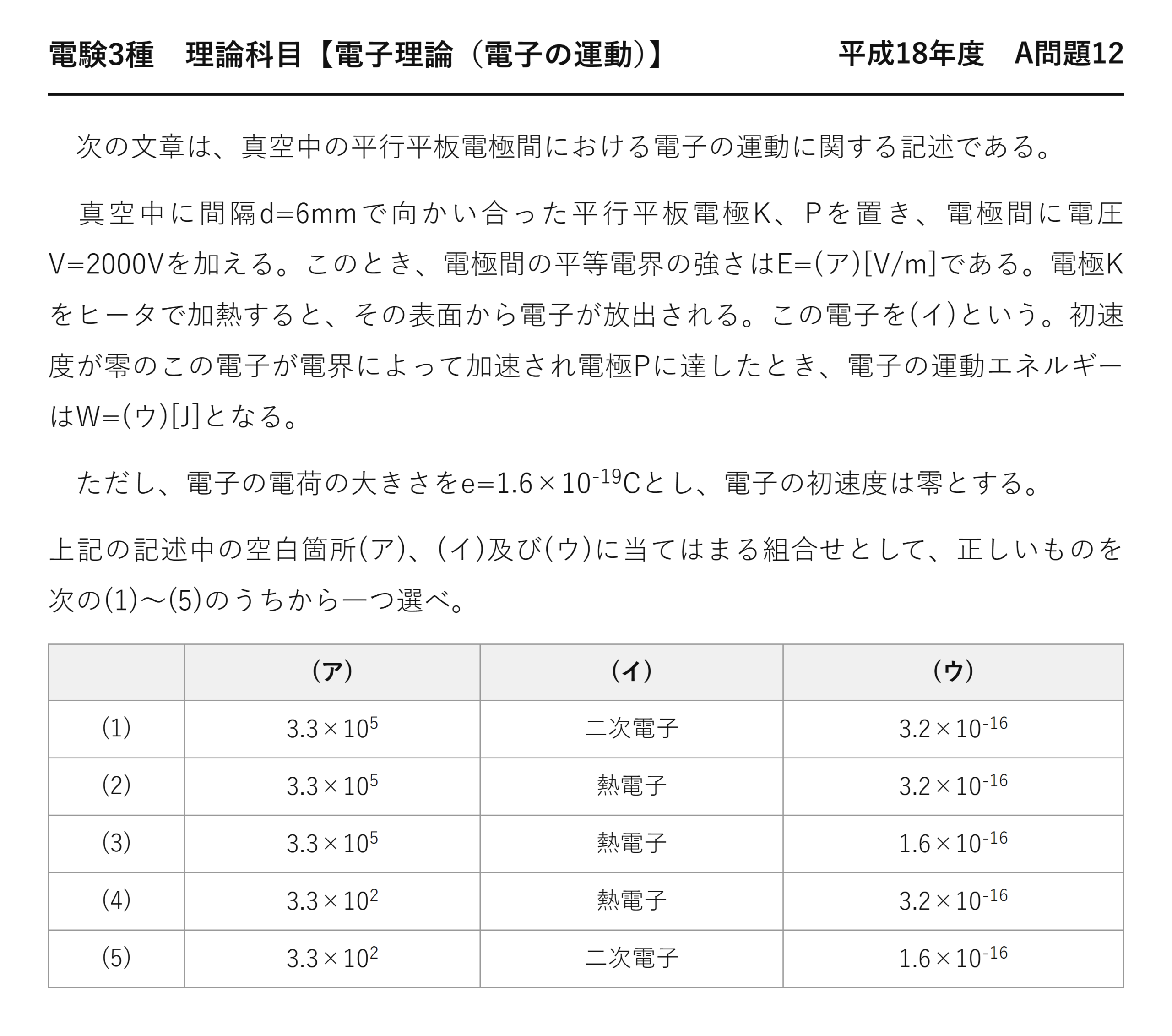 電験3種 理論科目 電子の運動 平成18年度 A問題12 問題文