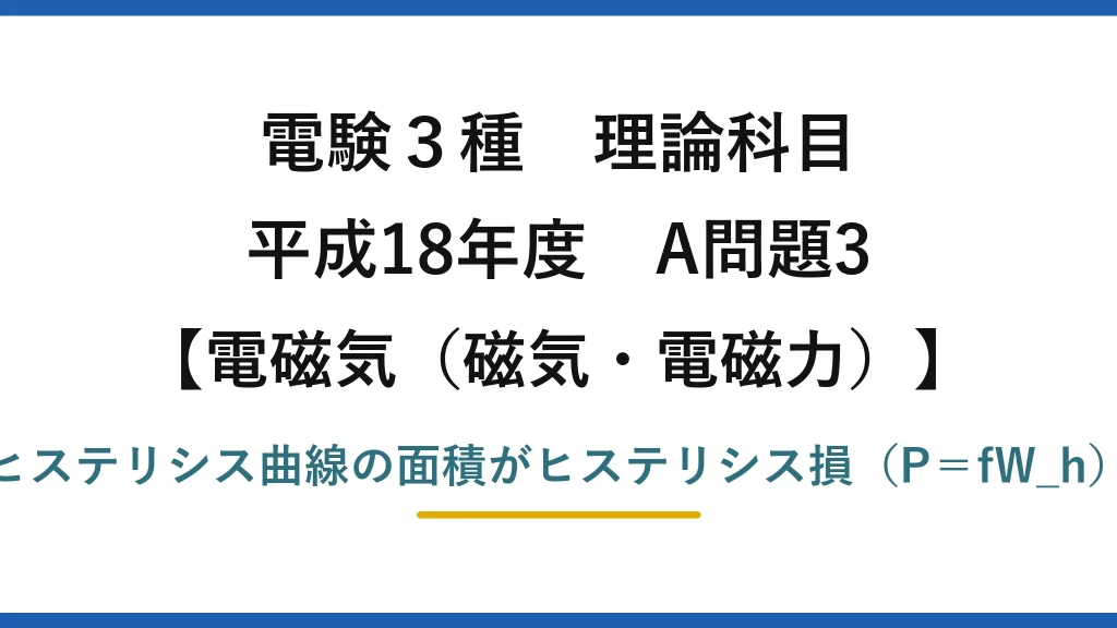 電験3種 理論科目【電磁気（磁気・電磁力）】平成18年度 A問題3 ヒステリシス曲線の面積がヒステリシス損（P＝fW_h）