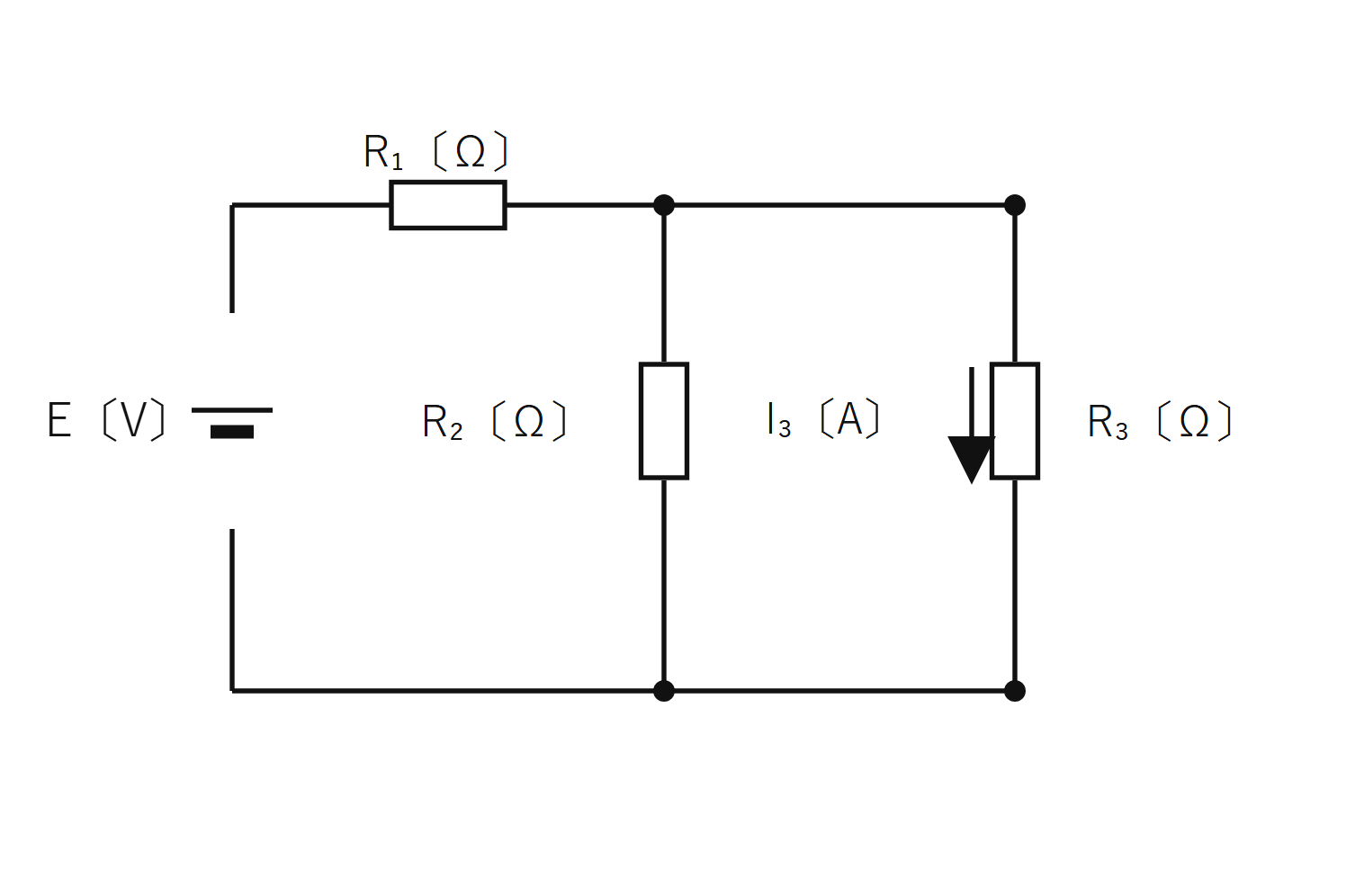 図　E電源・R₁（直列）と R₂・R₃（並列）からなる回路、R₃にI₃（自作図）