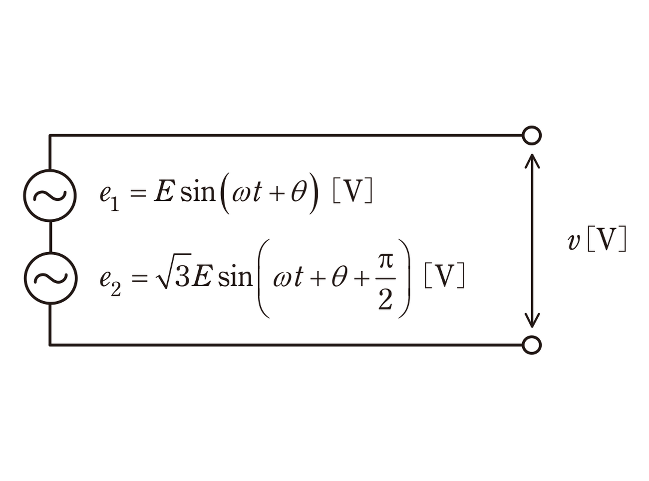 図　e₁とe₂（√3倍・π/2進み）が直列接続された回路（問題図）
