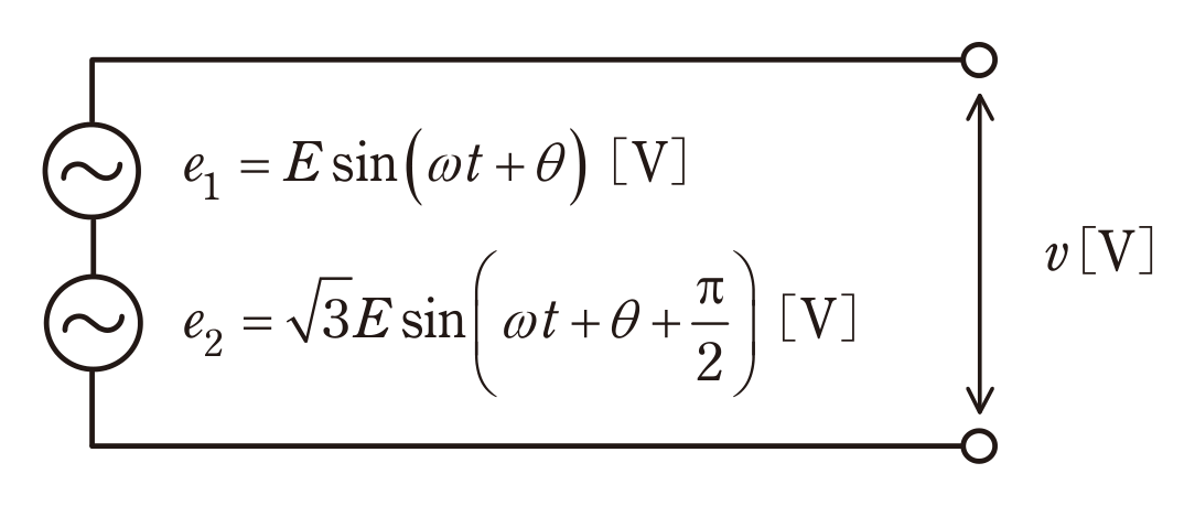 図　e₁とe₂（√3倍・π/2進み）が直列接続された回路（問題図）