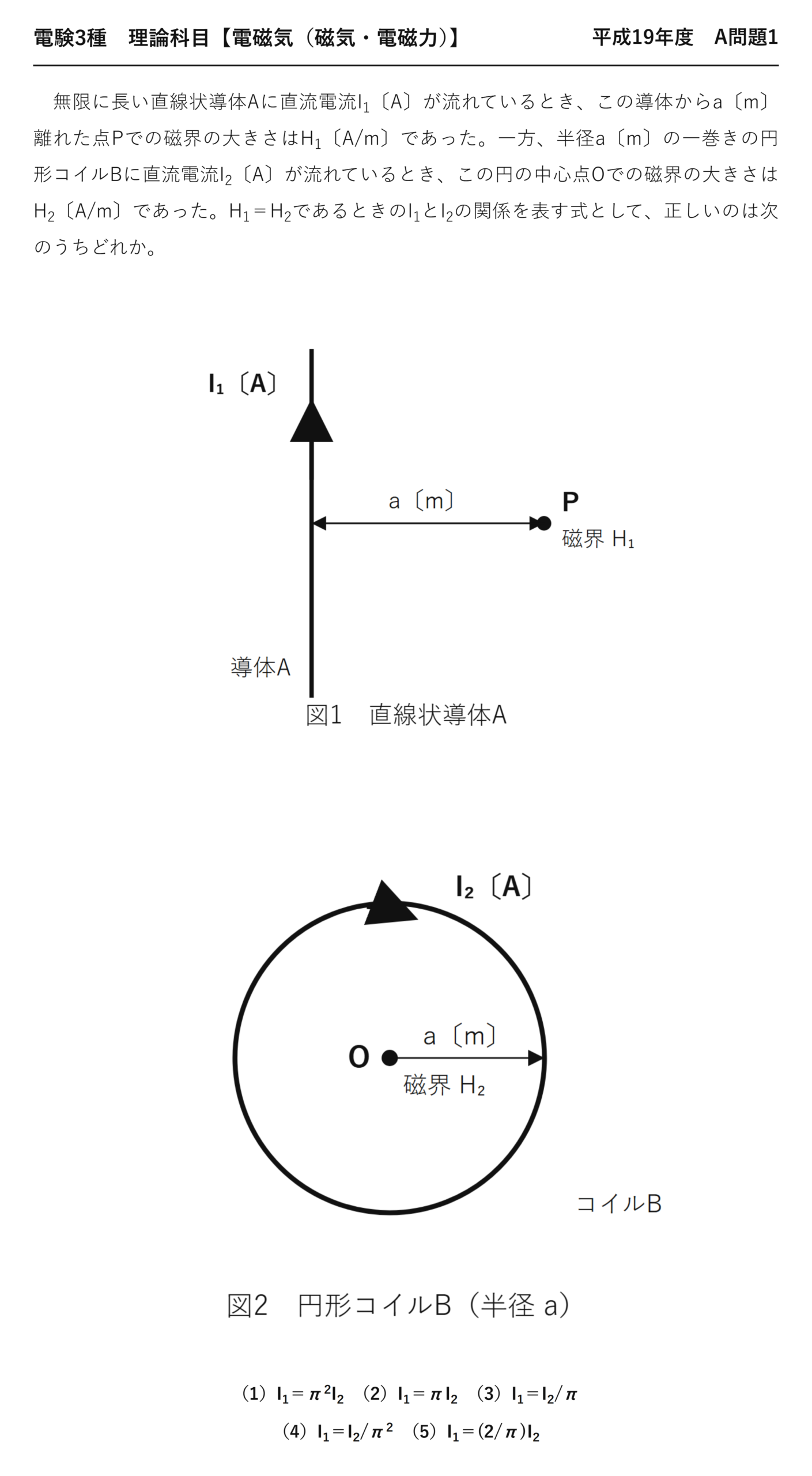 電験3種 理論科目 磁気・電磁力 平成19年度 A問題1 問題文