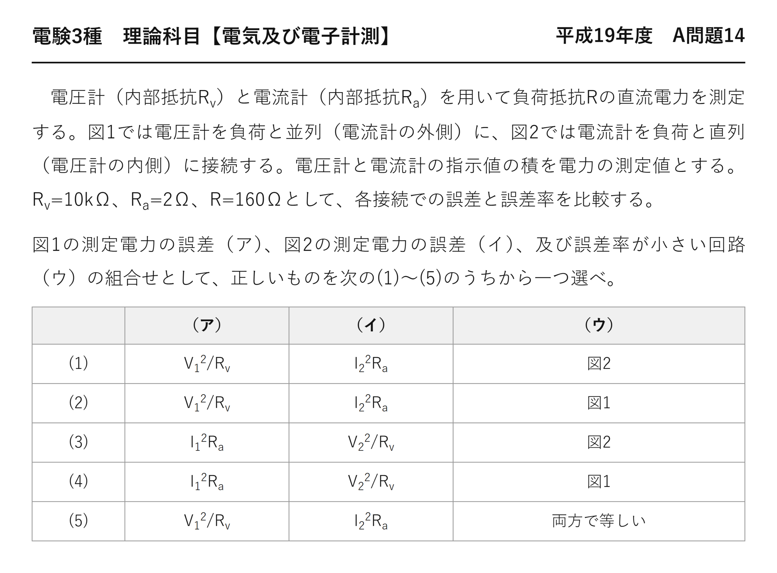 電験3種 理論科目 電気及び電子計測 平成19年度 A問題14 問題文
