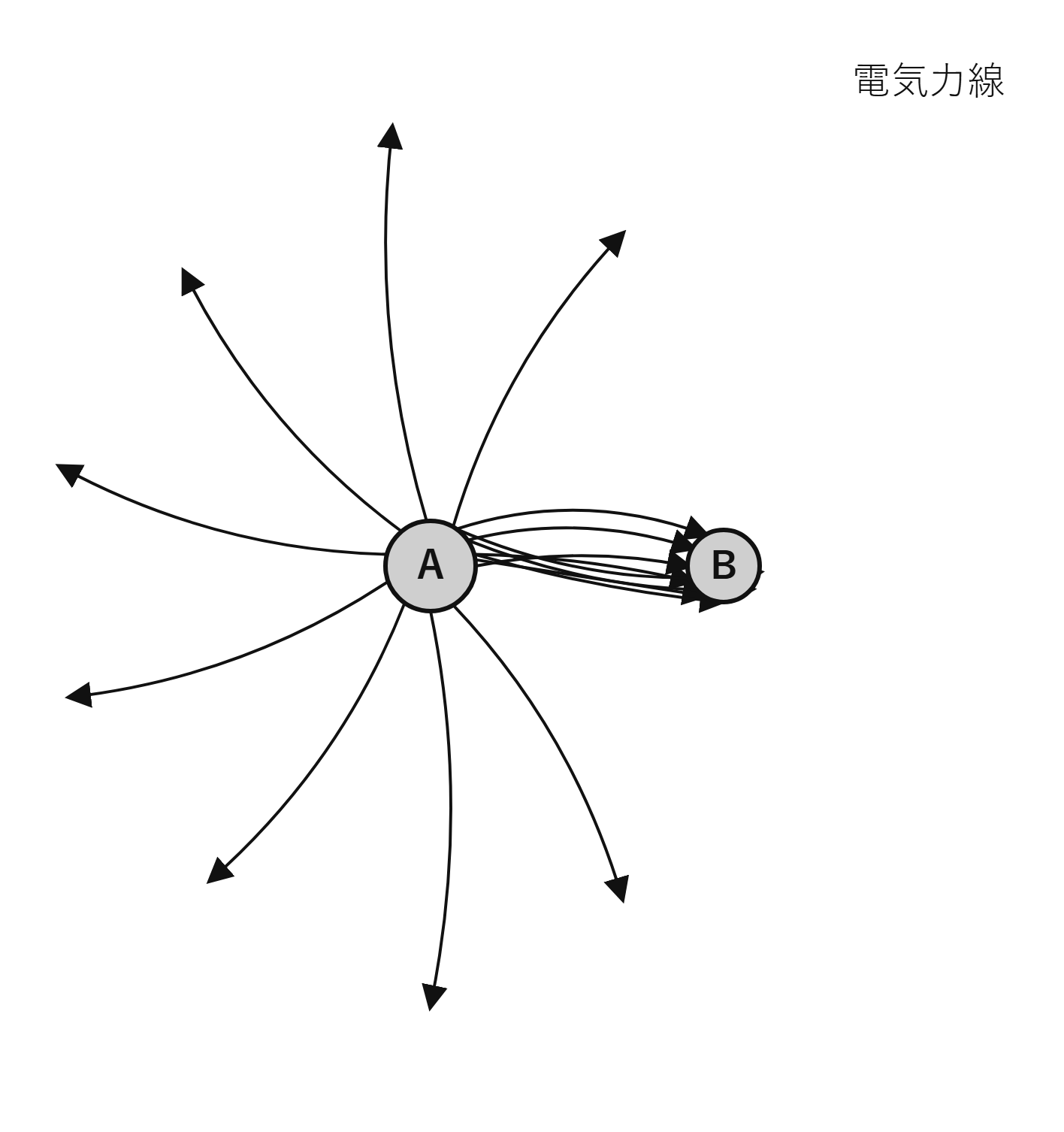 図　電荷A（正）から出て電荷B（負）へ入る電気力線の様子（自作図）