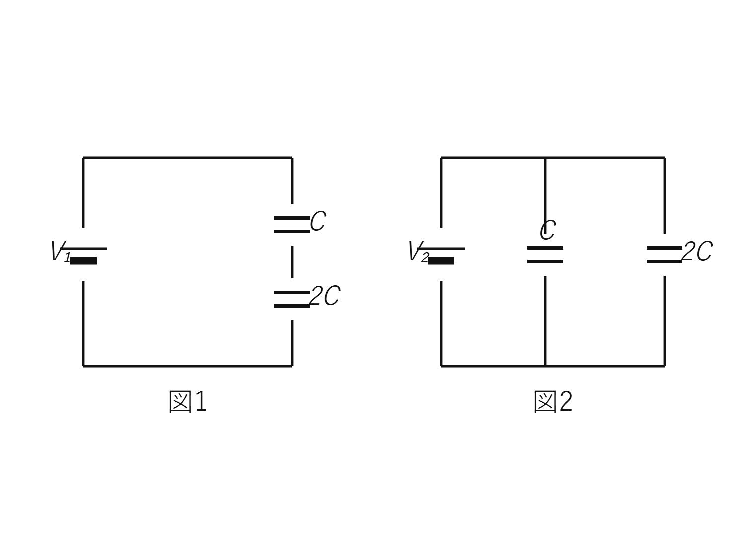 図　Cと2Cのコンデンサの直列接続（図1）と並列接続（図2）（自作図）