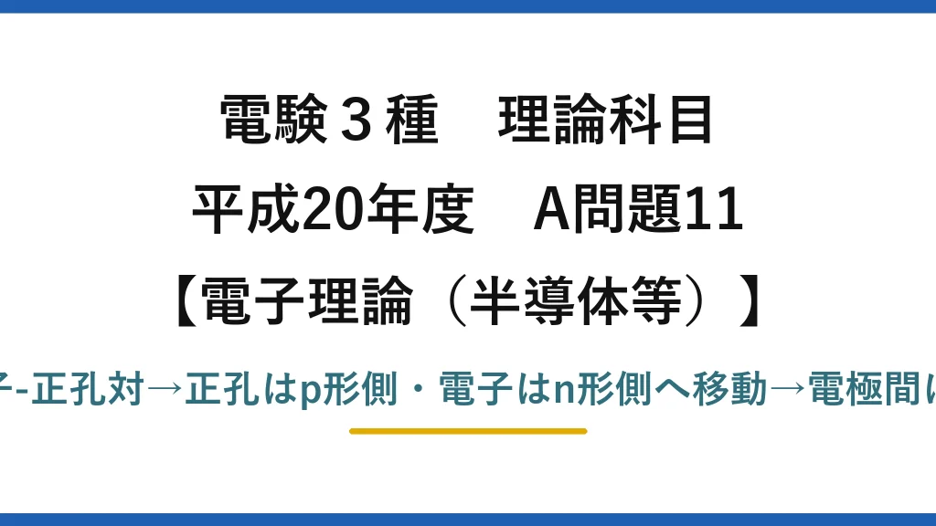 電験3種 理論科目【電磁気（半導体等）】平成20年度 A問題11 光で電子-正孔対→正孔はp形側・電子はn形側へ移動→電極間に起電力
