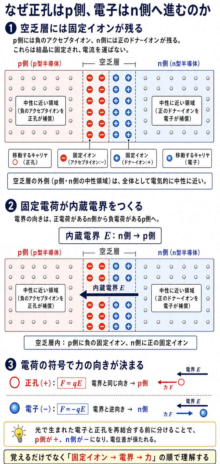 pn接合の空乏層にある負のアクセプタイオンと正のドナーイオンから、内蔵電界がn側からp側へ向き、正孔と電子に働く力の方向を導く解説図