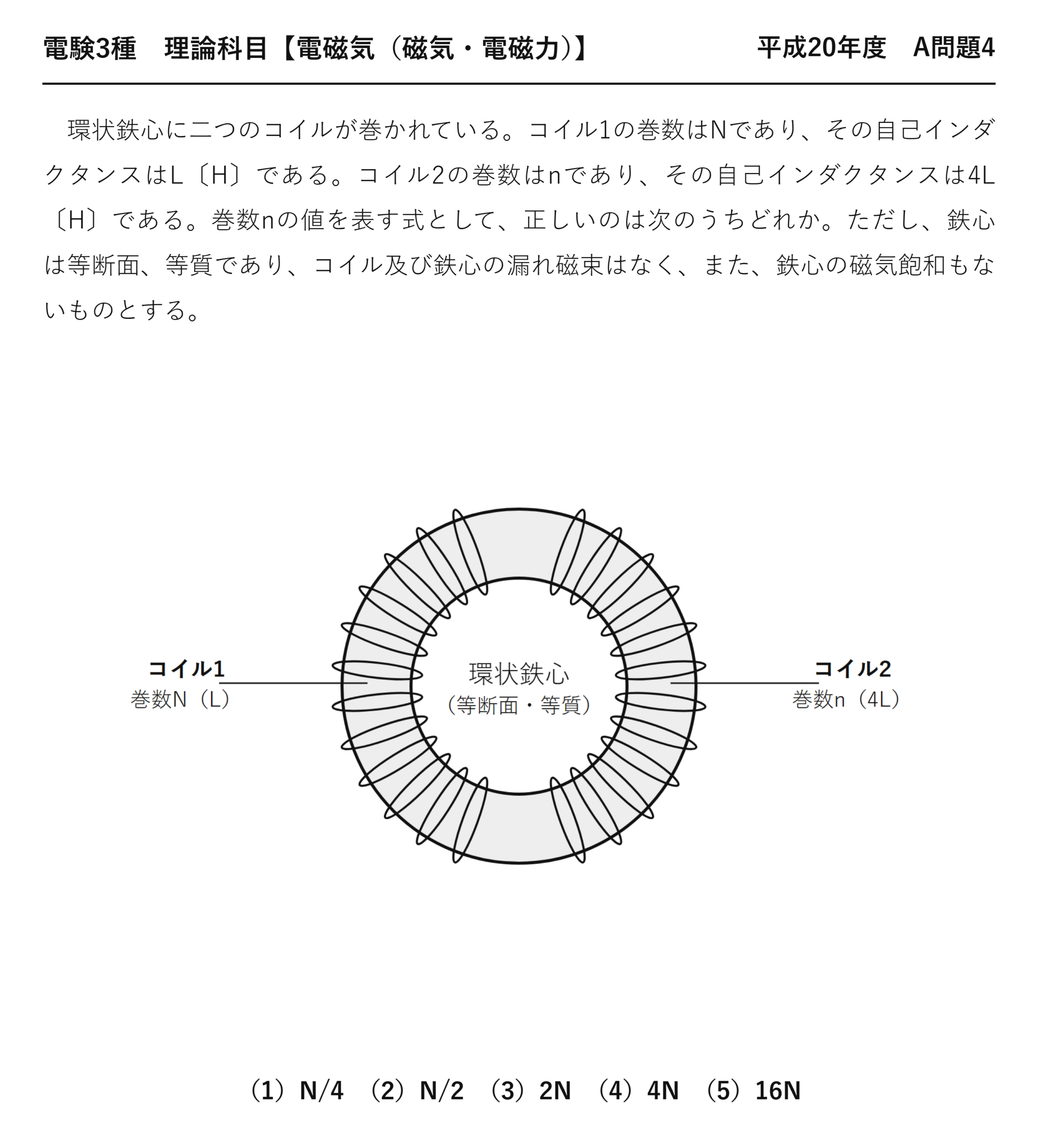 電験3種 理論科目 磁気・電磁力 平成20年度 A問題4 問題文