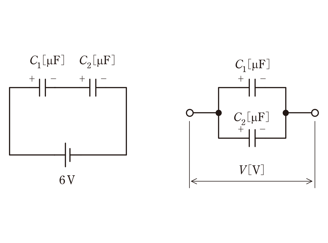 図1 C₁・C₂の直列充電/図2 同極性で並列接続(問題図)