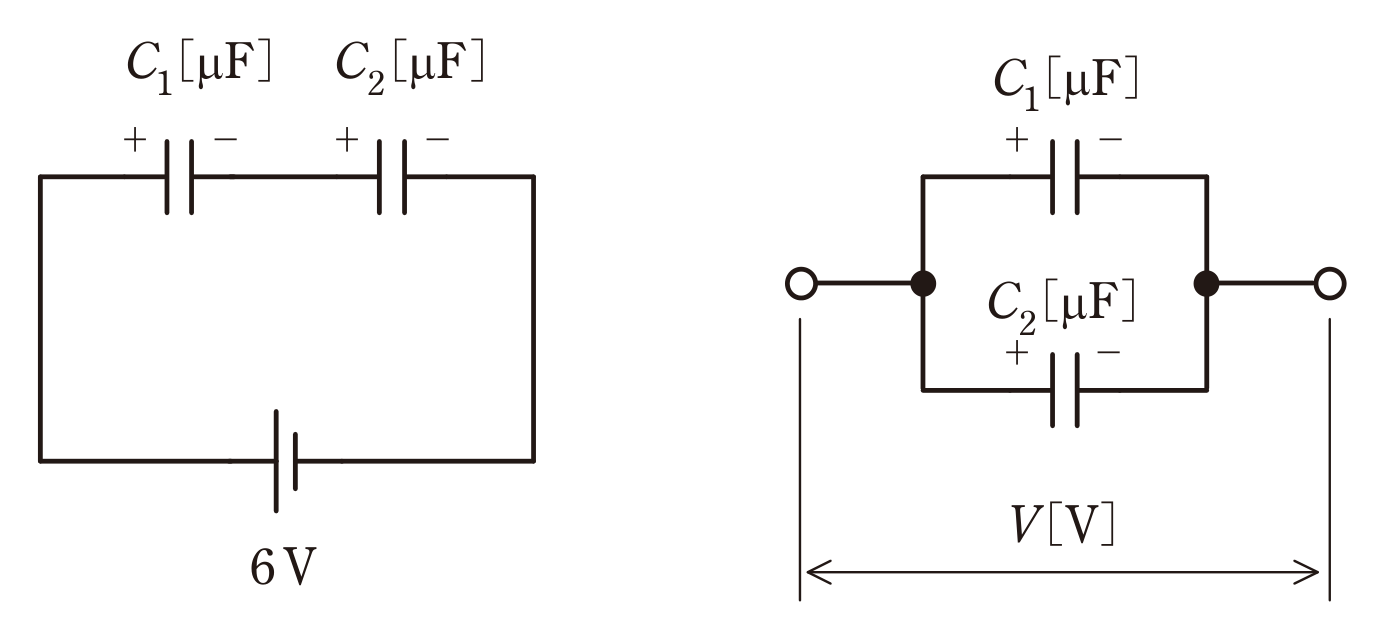 図1　C₁・C₂の直列充電／図2　同極性で並列接続（問題図）