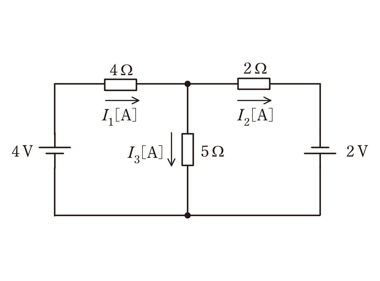 図　2つの直流電源（4V・2V）と3つの抵抗（4Ω・2Ω・5Ω）からなる回路（問題図）