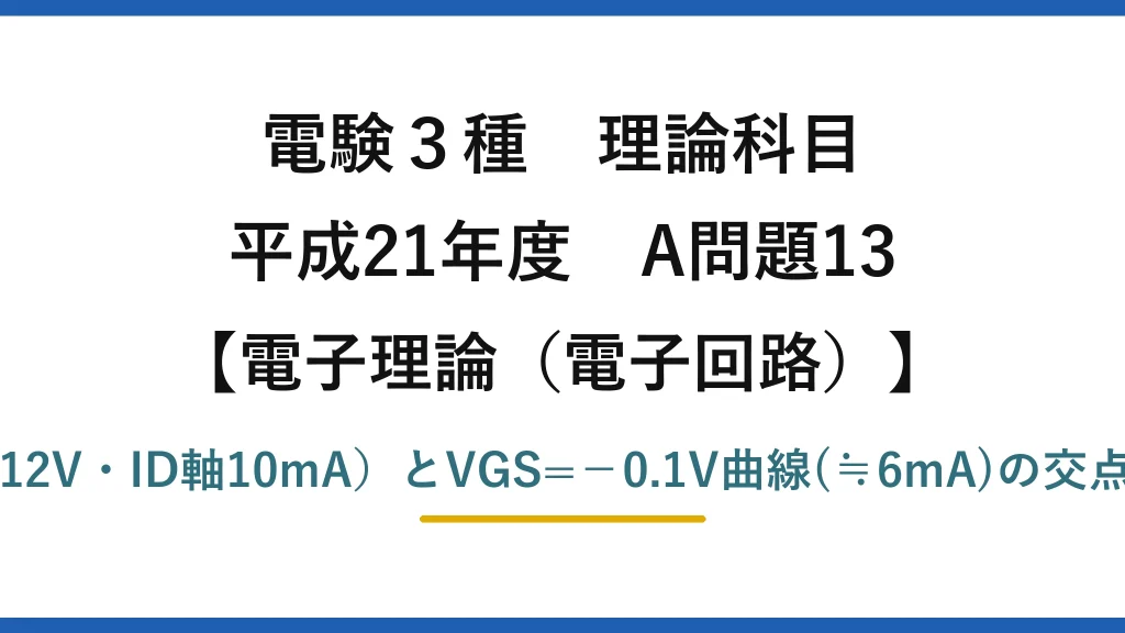 電験3種 理論科目【電磁気（電子回路）】平成21年度 A問題13 負荷線12=VDS+1.2ID（VDS軸12V・ID軸10mA）とVGS=−0.1V曲線(≒6mA)の交点→VDS=4.8V、ID=6.0mA→(4)