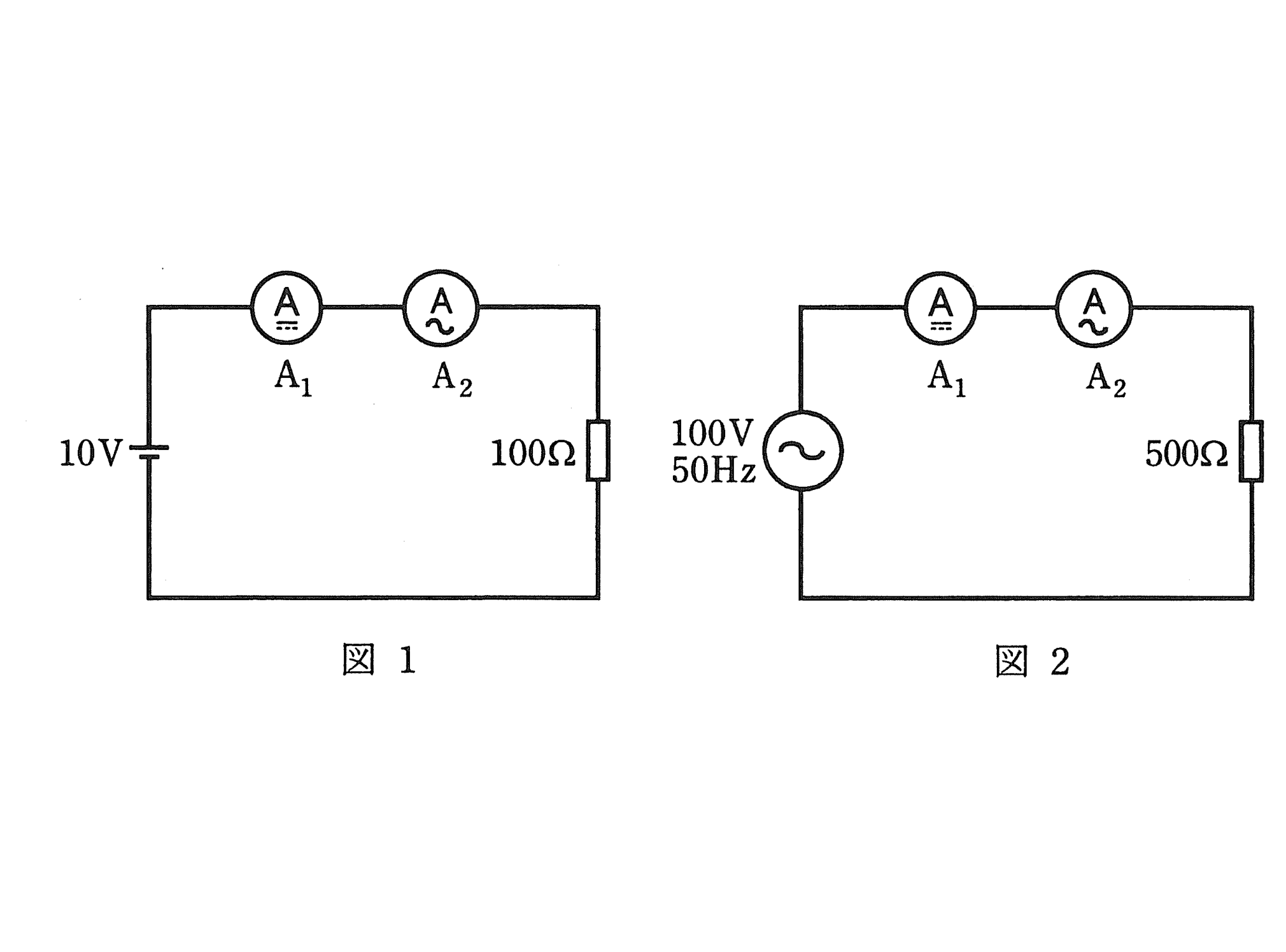 図1　直流回路（10V・100Ω）　図2　交流回路（100V・50Hz・500Ω）にA1・A2を接続（問題図）