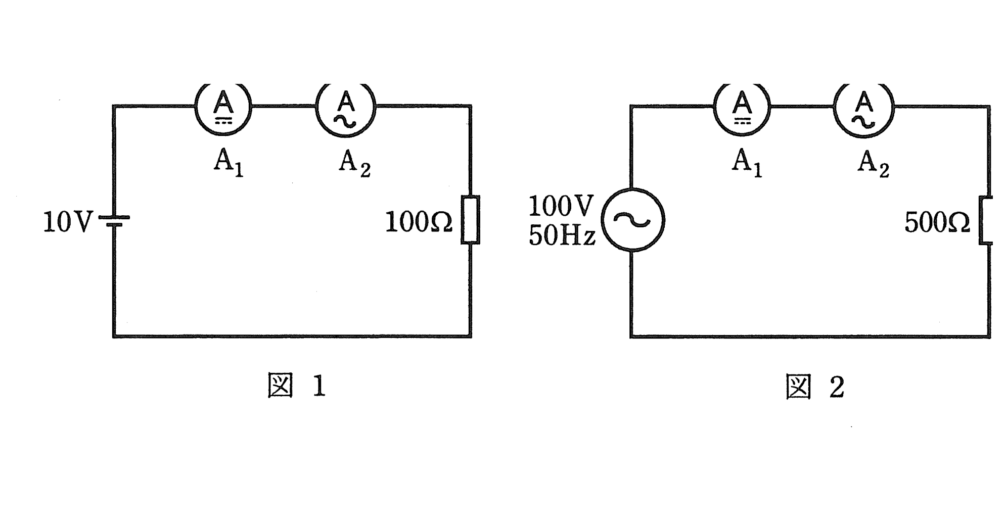 図1　直流回路（10V・100Ω）　図2　交流回路（100V・50Hz・500Ω）にA1・A2を接続（問題図）