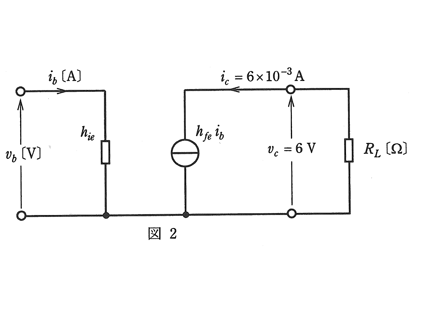 図2　hreとhoeを無視した簡易小信号等価回路（hie・hfe・ib）（問題図）